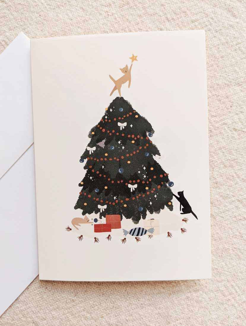 Christmas Tree Greeting Card with cat-themed design on recycled paper and white envelope