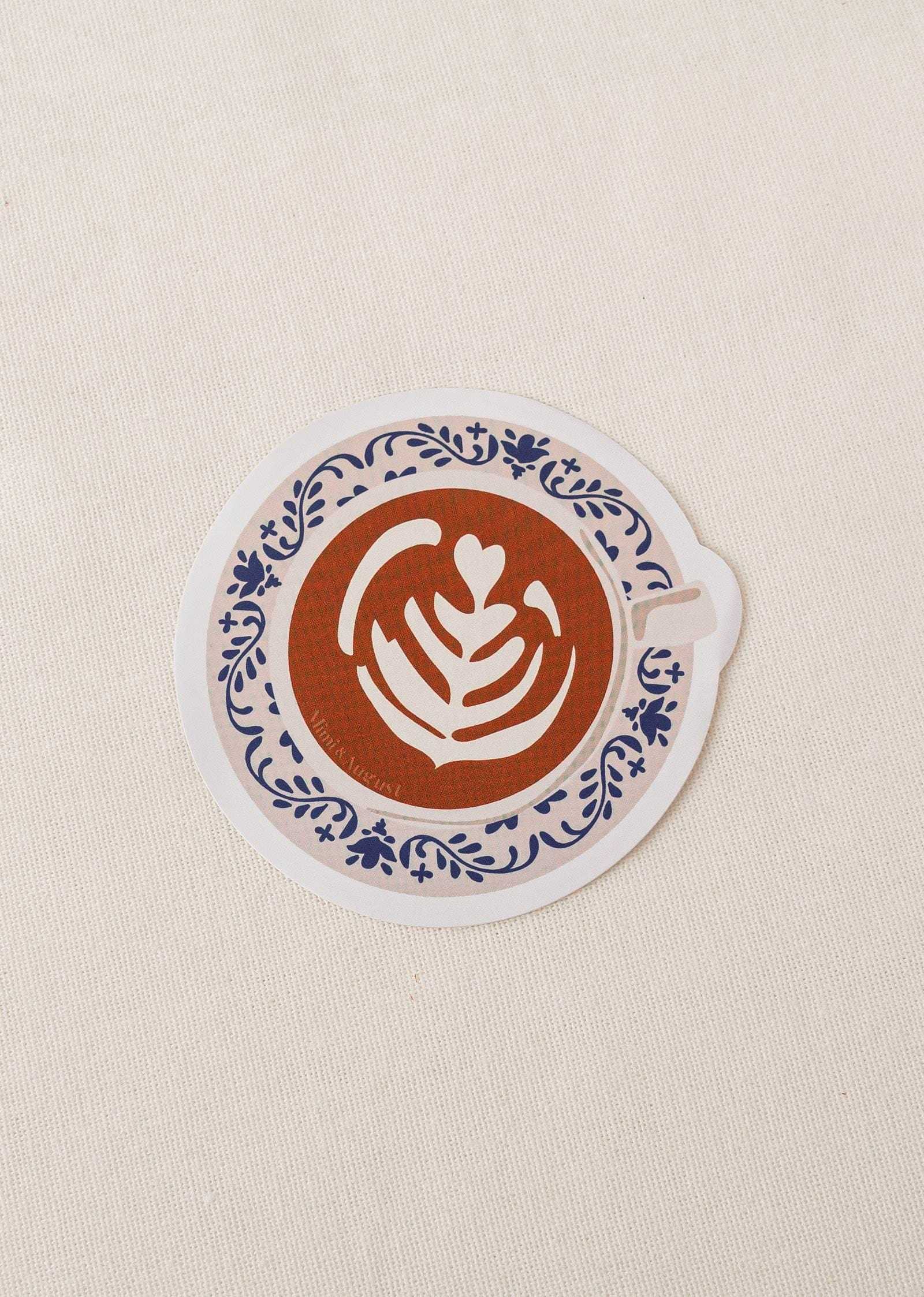 Coffee Full of Love vinyl sticker with latte art and decorative blue border