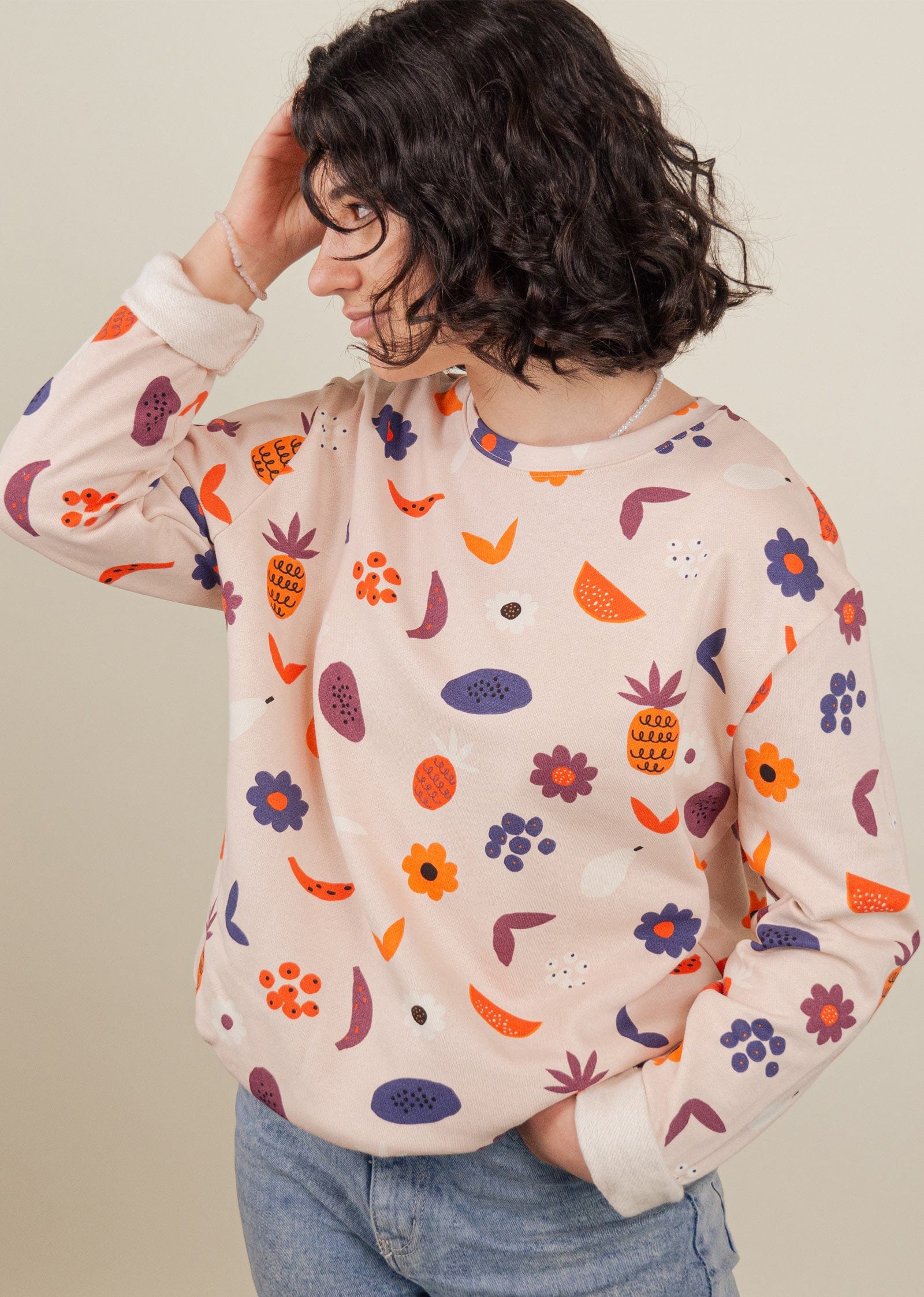 Rosalie wearing the happy fruits sweater - mimi and august