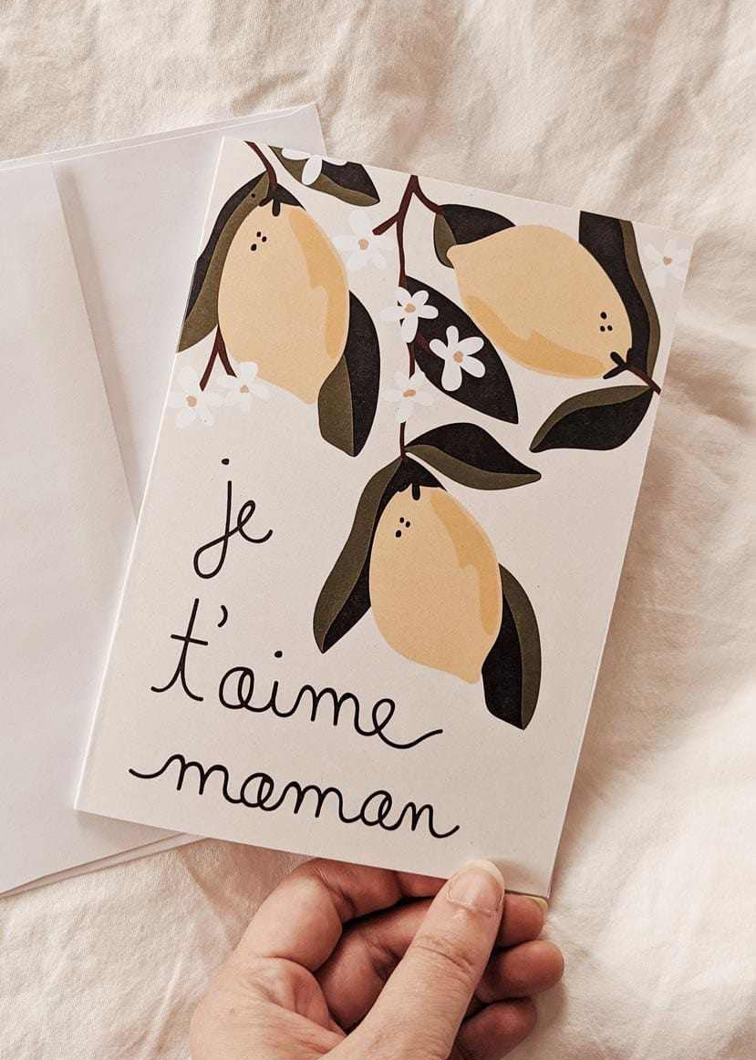 Je t'aime Maman Greeting Card with lemon illustration on recycled paper and white envelope