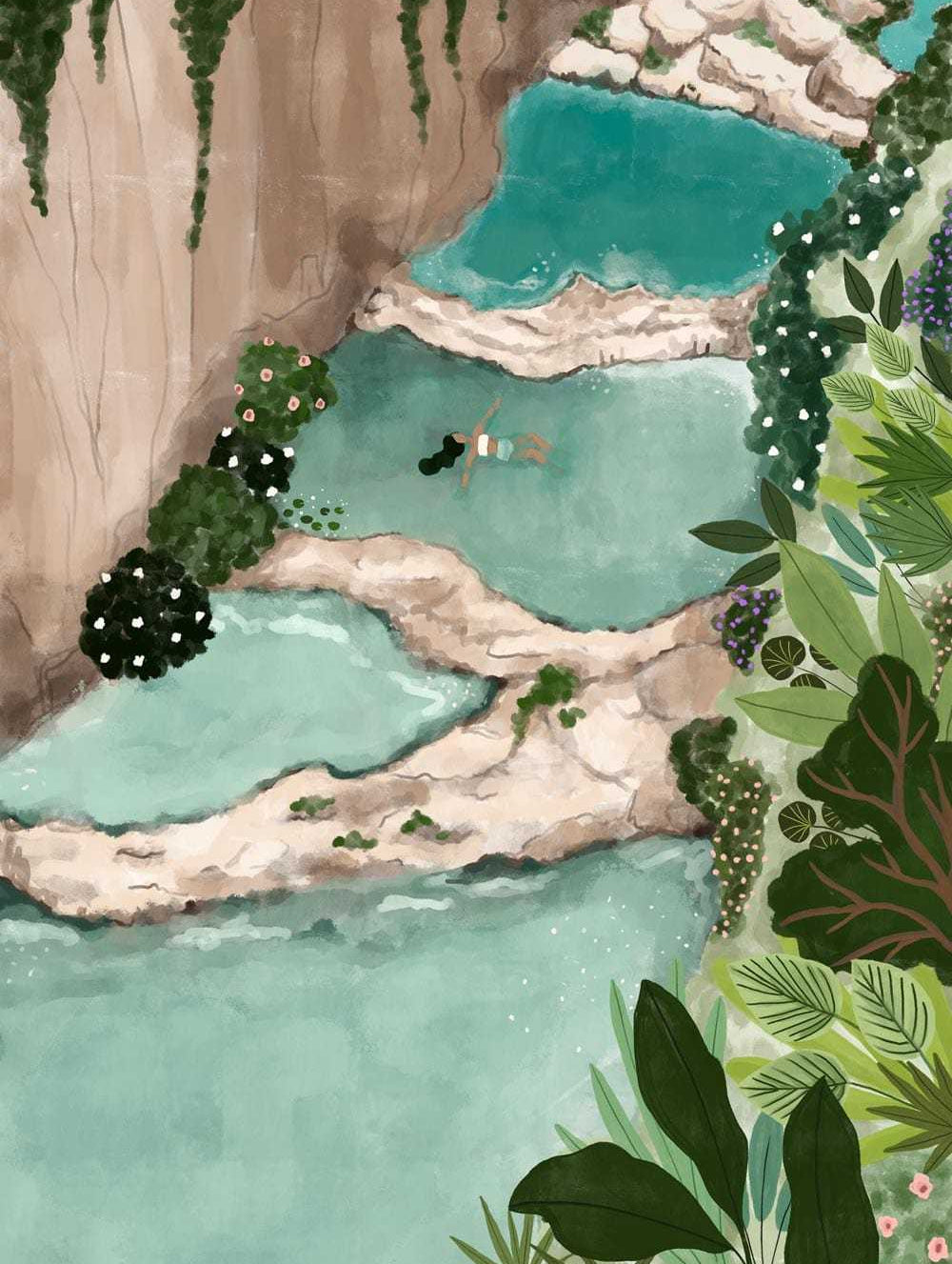 Millpu Art Print of scenic turquoise pools surrounded by cliffs and lush greenery, eco-friendly recycled paper design from Montreal