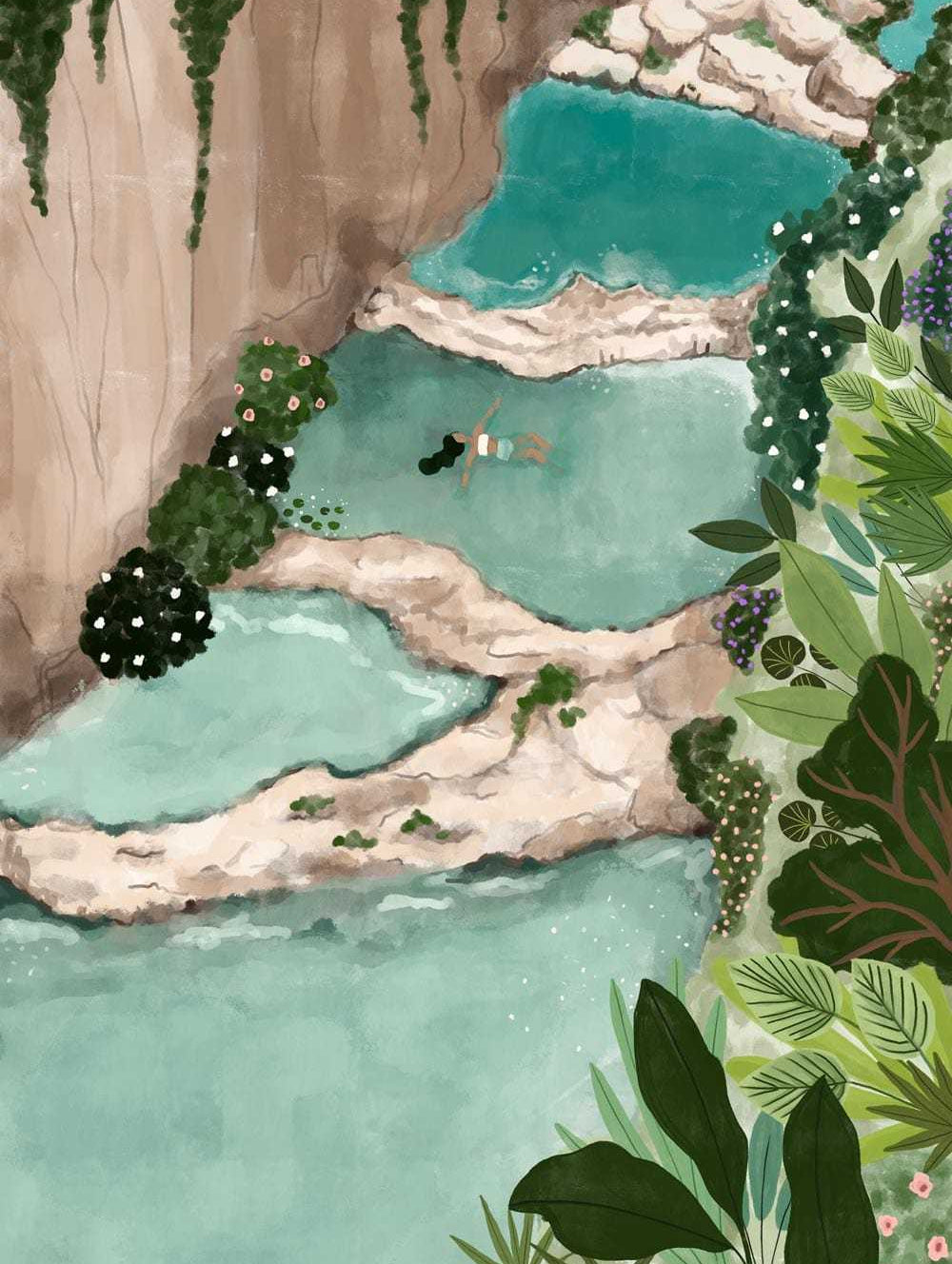Millpu Art Print of scenic turquoise pools surrounded by cliffs and lush greenery, eco-friendly recycled paper design from Montreal