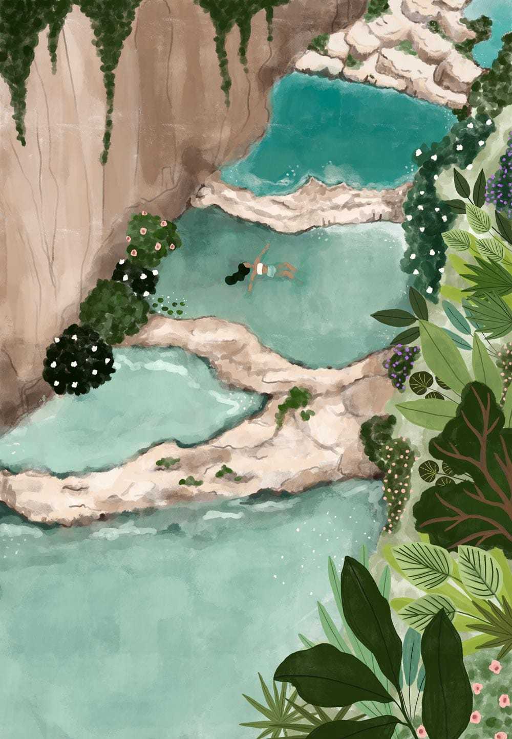 Millpu Art Print of scenic turquoise pools surrounded by cliffs and lush greenery, eco-friendly recycled paper design from Montreal