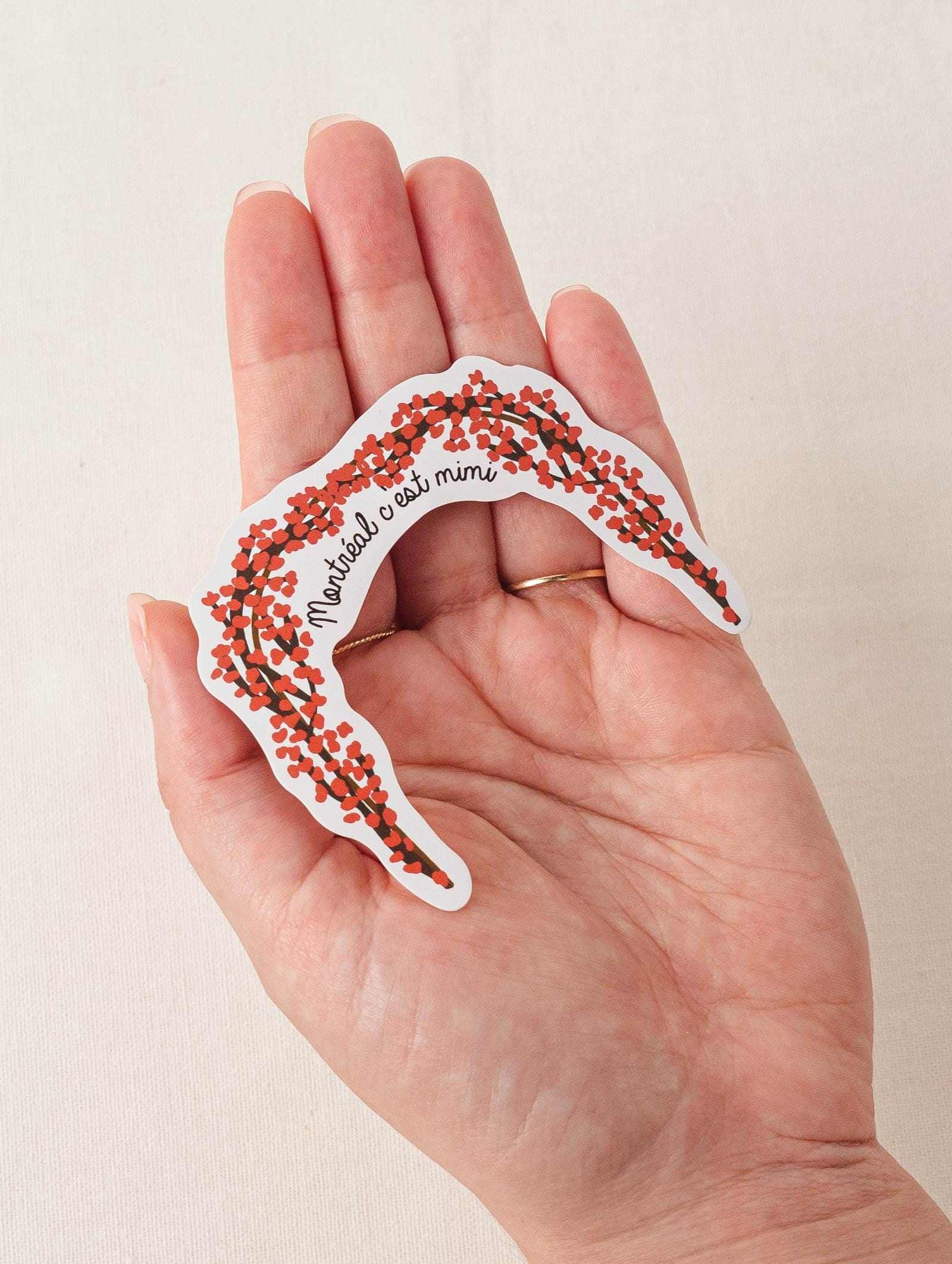 Hand holding Montreal is Mimi vinyl sticker with flower arch design and white border