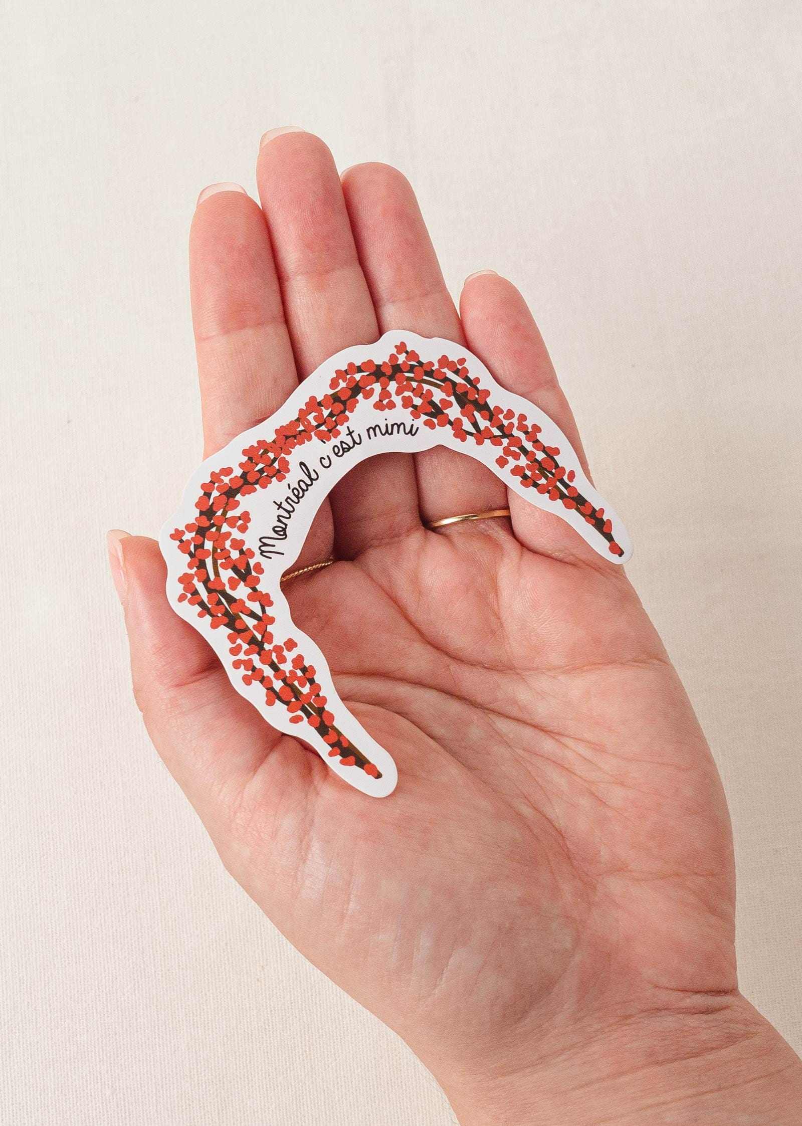 Hand holding Montreal is Mimi vinyl sticker with flower arch design and white border
