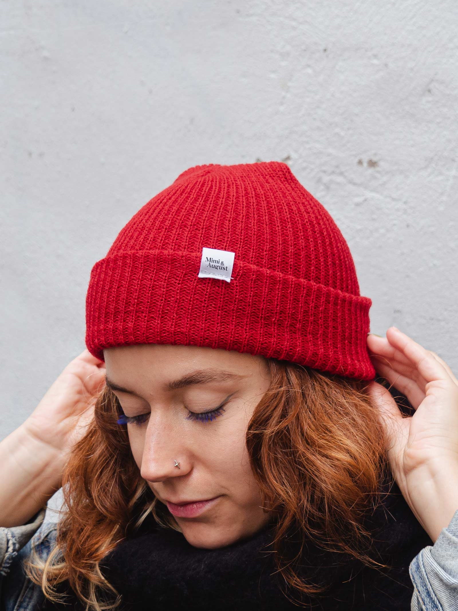 women wearing the Bright Red Watch Cap Beanie by Mimi & August