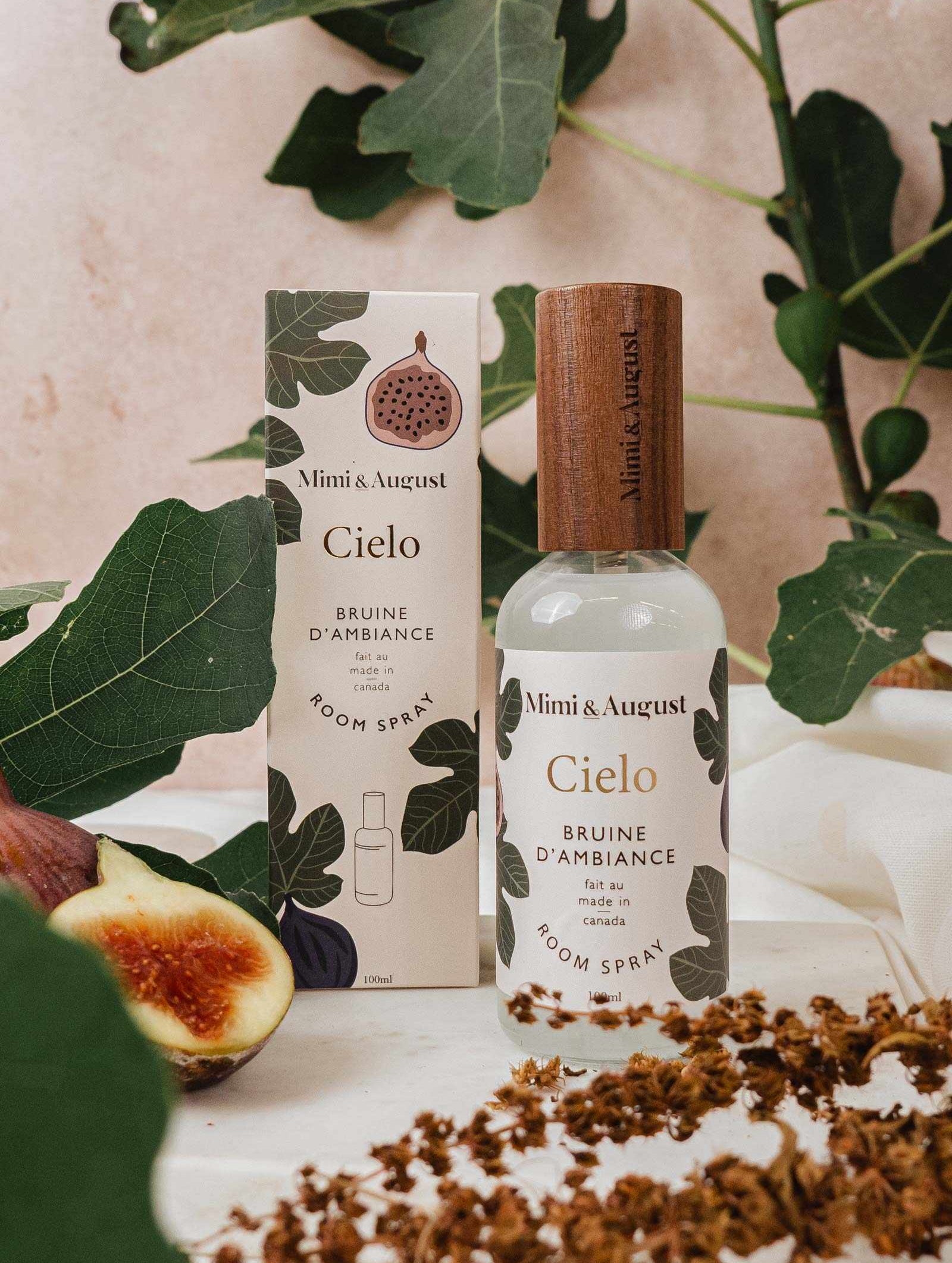 Bruine d’ambiance Cielo Mimi & August figue et cassis, vaporisateur décoratif avec boîte, ambiance douce et lumineuse.