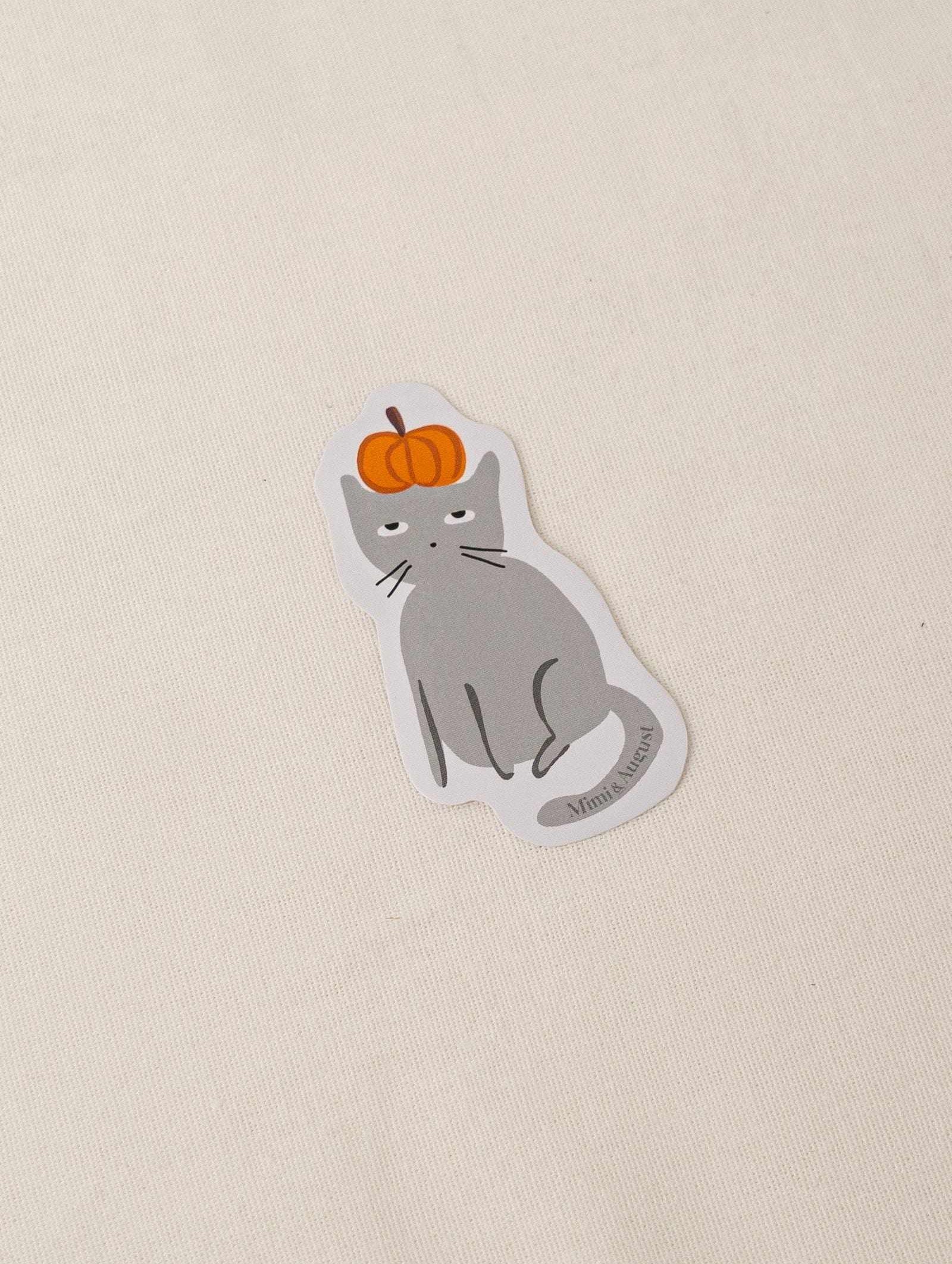 Grey cat with a pumpkin in the head