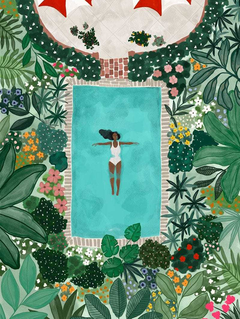Woman floating in a pool surrounded by lush greenery and colorful flowers summer day art print