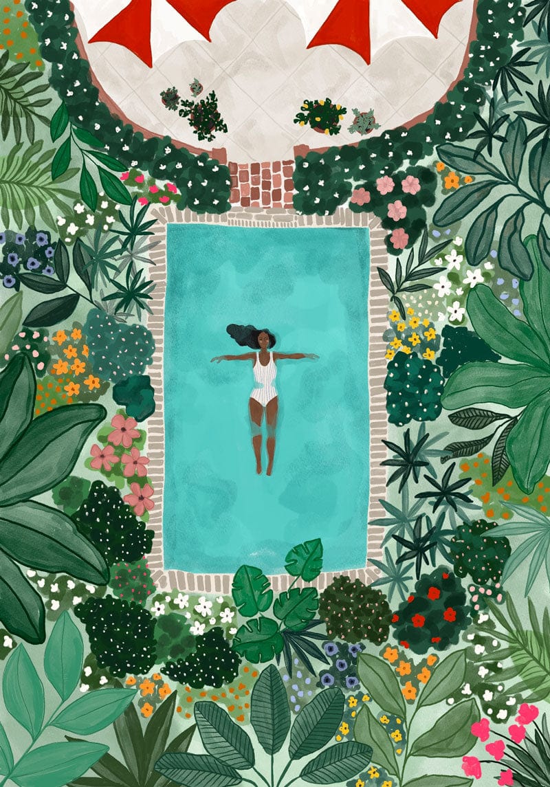 Illustration of a woman floating in a blue pool surrounded by lush green plants and colorful flowers. The scene includes partial views of red umbrellas and a stone path at the top of the image, rendered on high quality paper for stunning detail and durability. This is the Summer Day Art Print by Mimi & August.