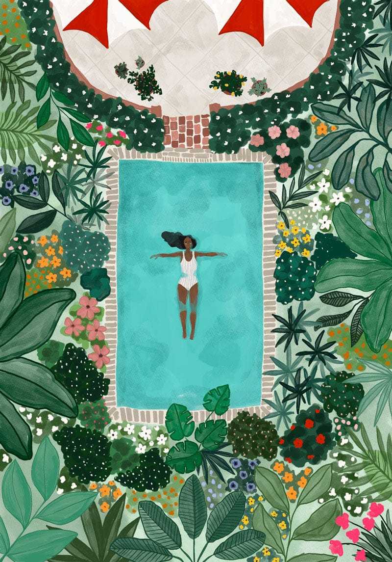 Woman floating in a pool surrounded by lush greenery and colorful flowers summer day art print