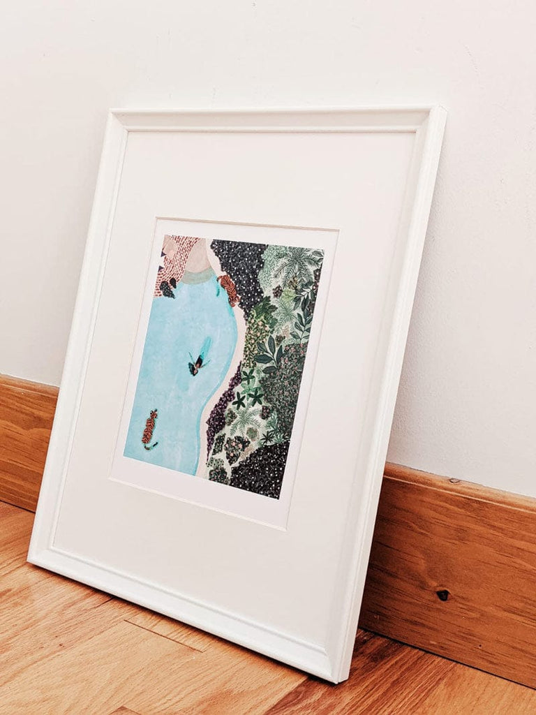 Beautiful swimming with tigers illustration framed by mimi and august