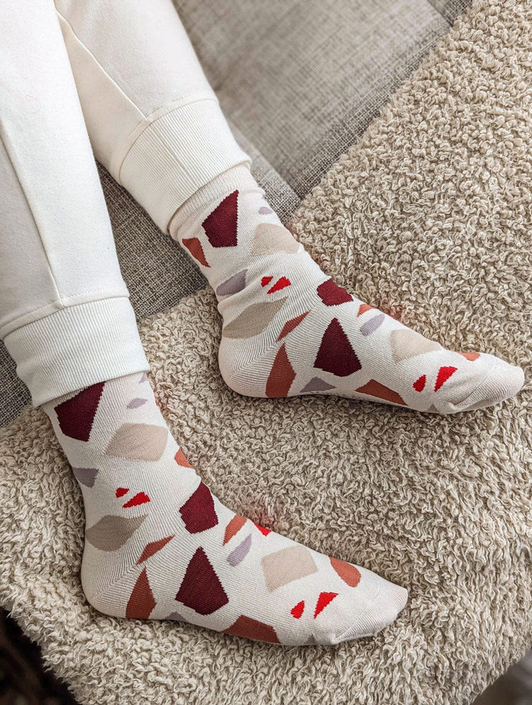 marble pattern socks with red and cream colors