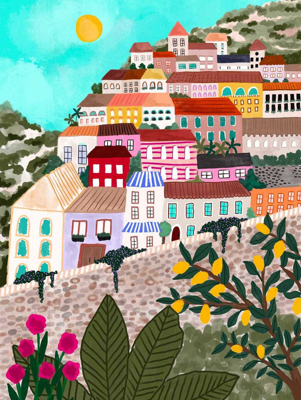 Colourful Village Art Print featuring vibrant houses on a hillside with flowers and lemon trees under a sunny sky