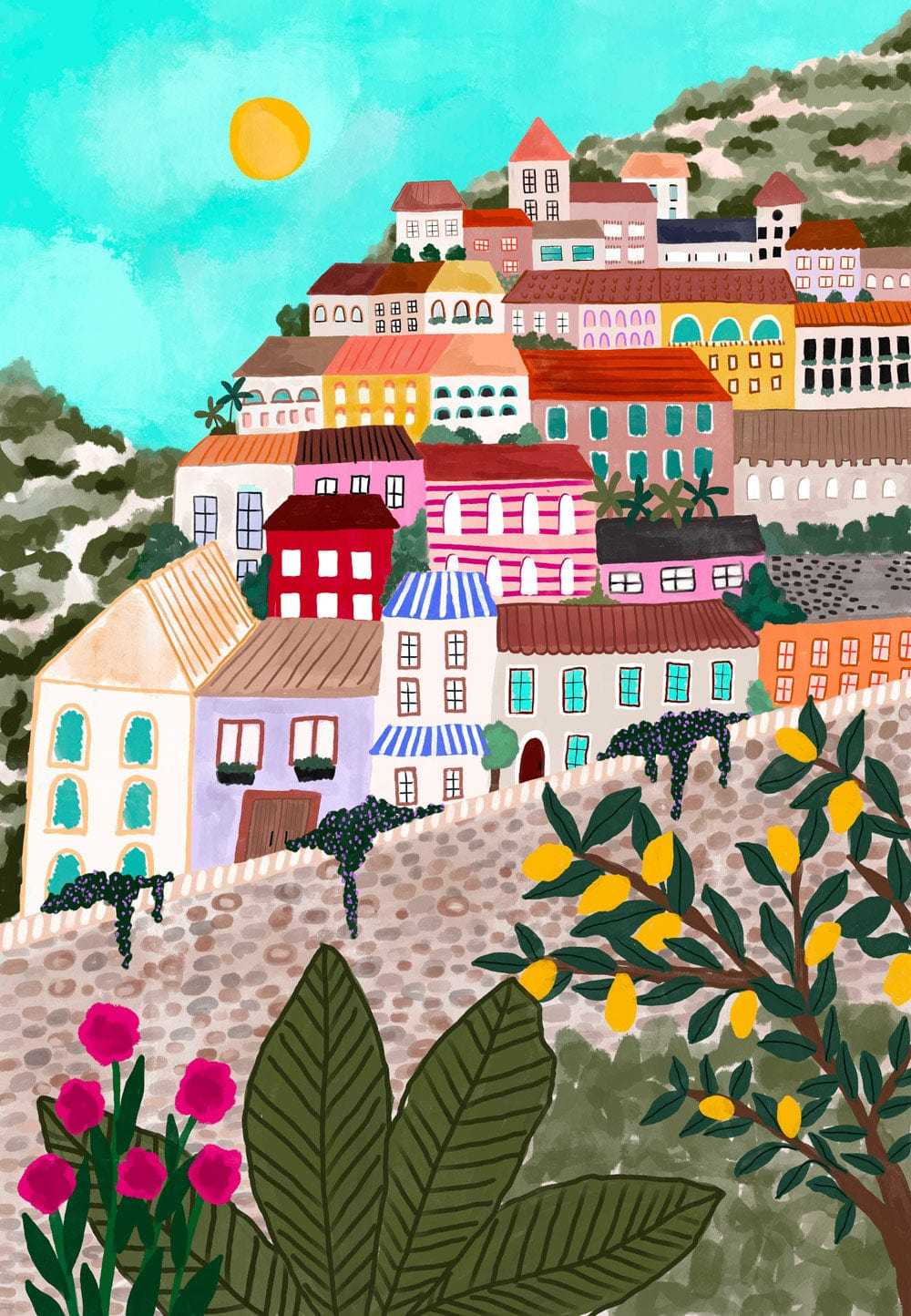 Colourful Village Art Print featuring vibrant houses on a hillside with flowers and lemon trees under a sunny sky