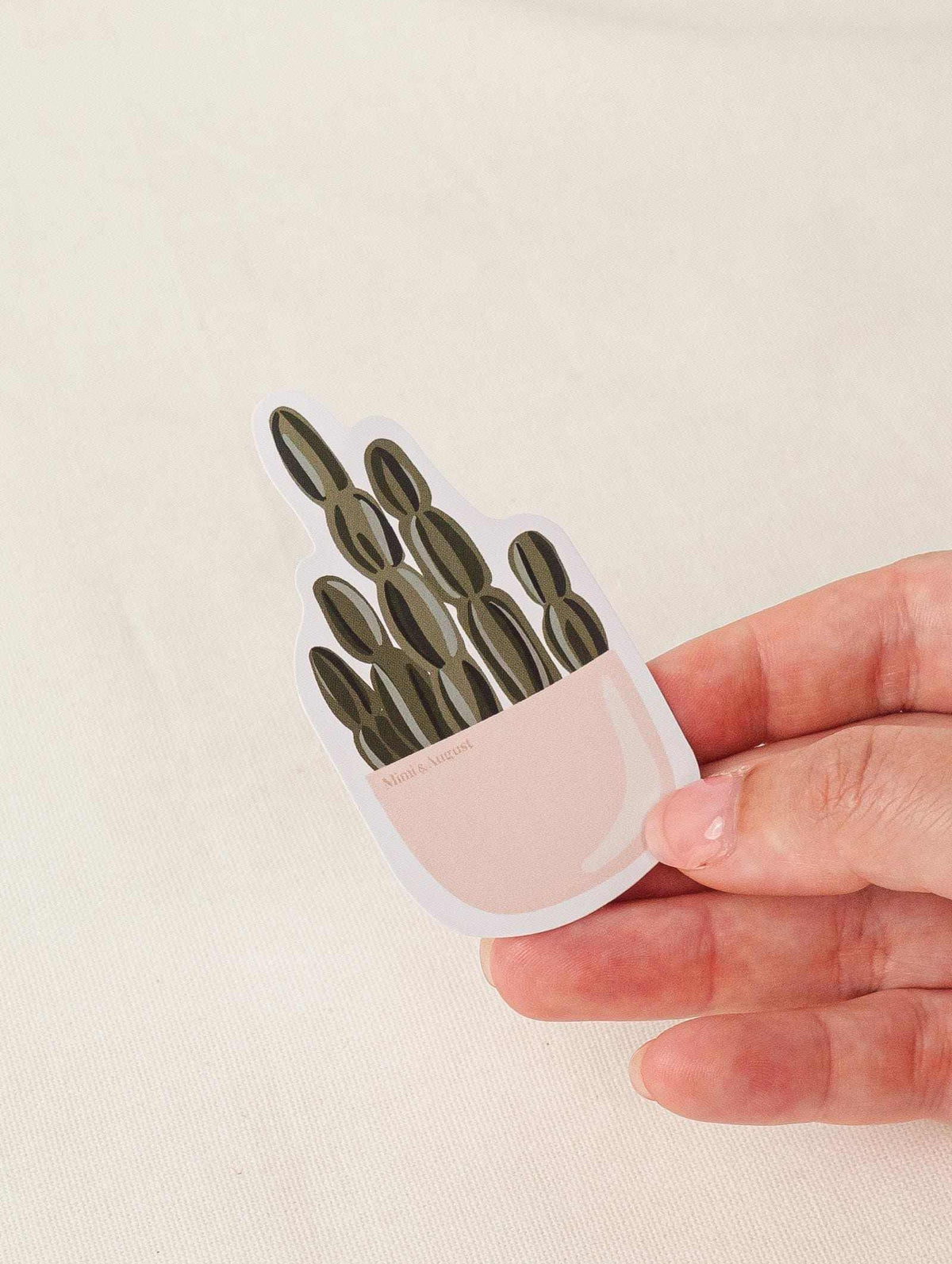 Hand holding Cactus Party vinyl sticker with cactus design and white border on beige background
