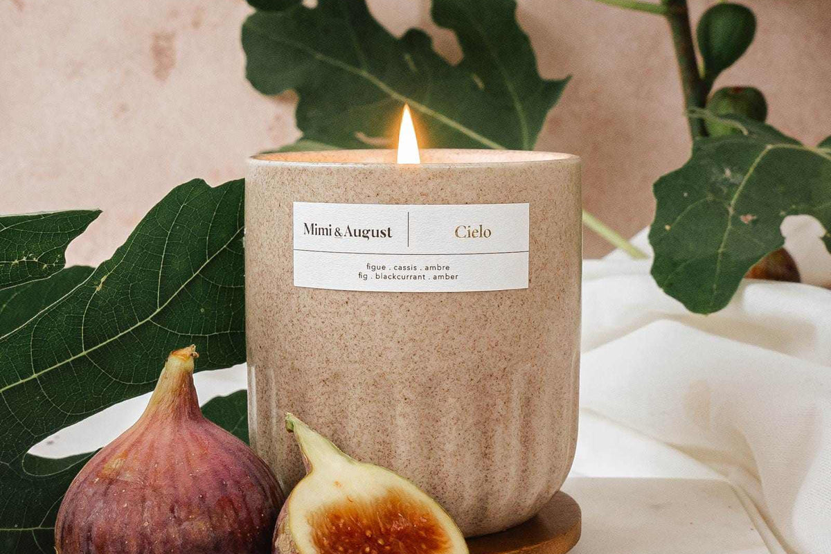 Burning fig candle in a textured cup with figs and green leaves background