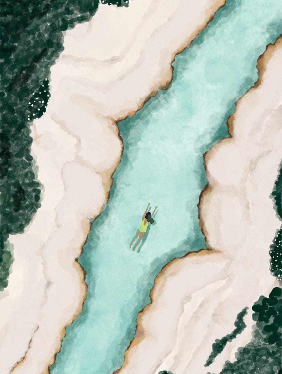 Javari River art print showing a person swimming in a turquoise river surrounded by sandy banks and green foliage.