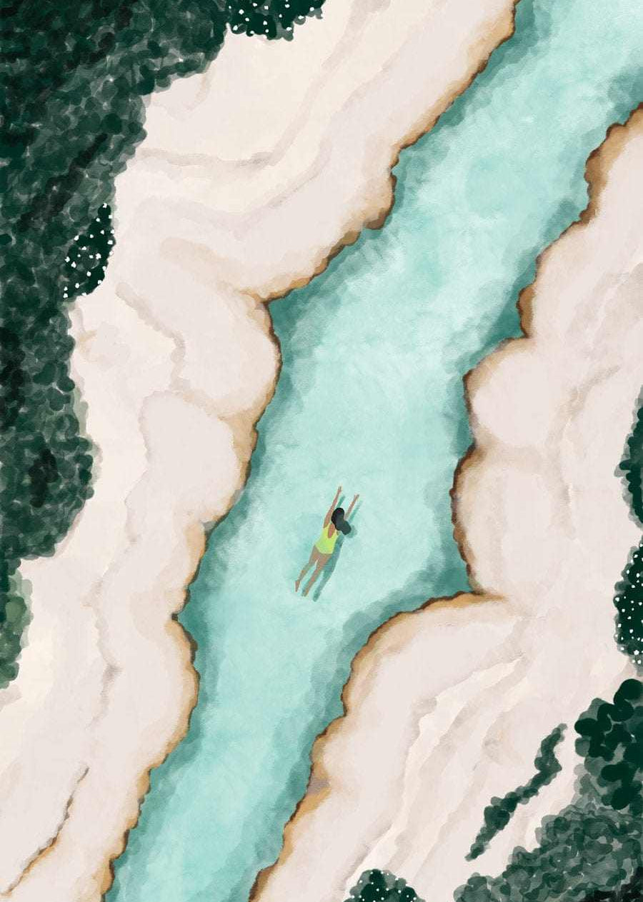 Javari River art print showing a person swimming in a turquoise river surrounded by sandy banks and green foliage.