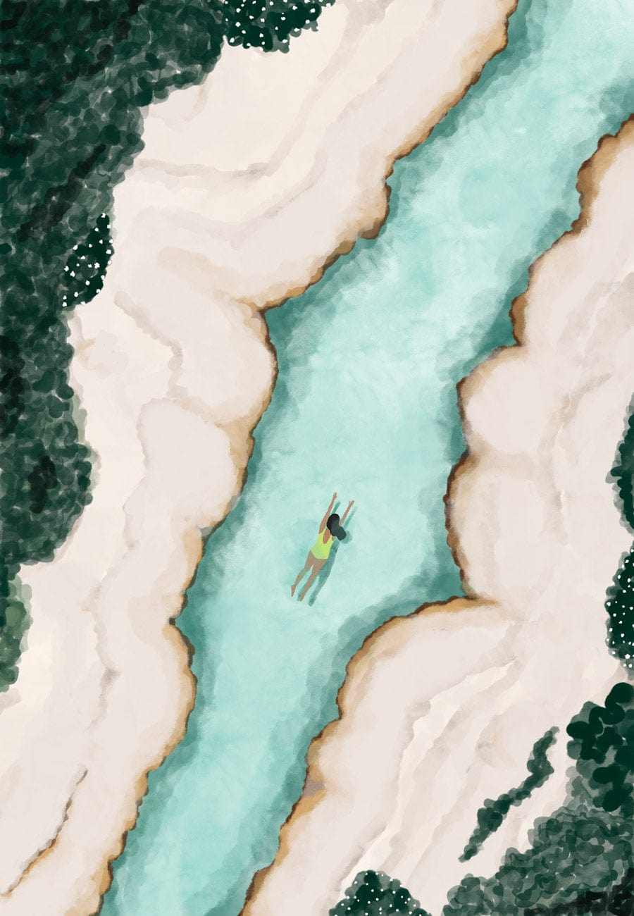 Javari River art print showing a person swimming in a turquoise river surrounded by sandy banks and green foliage.