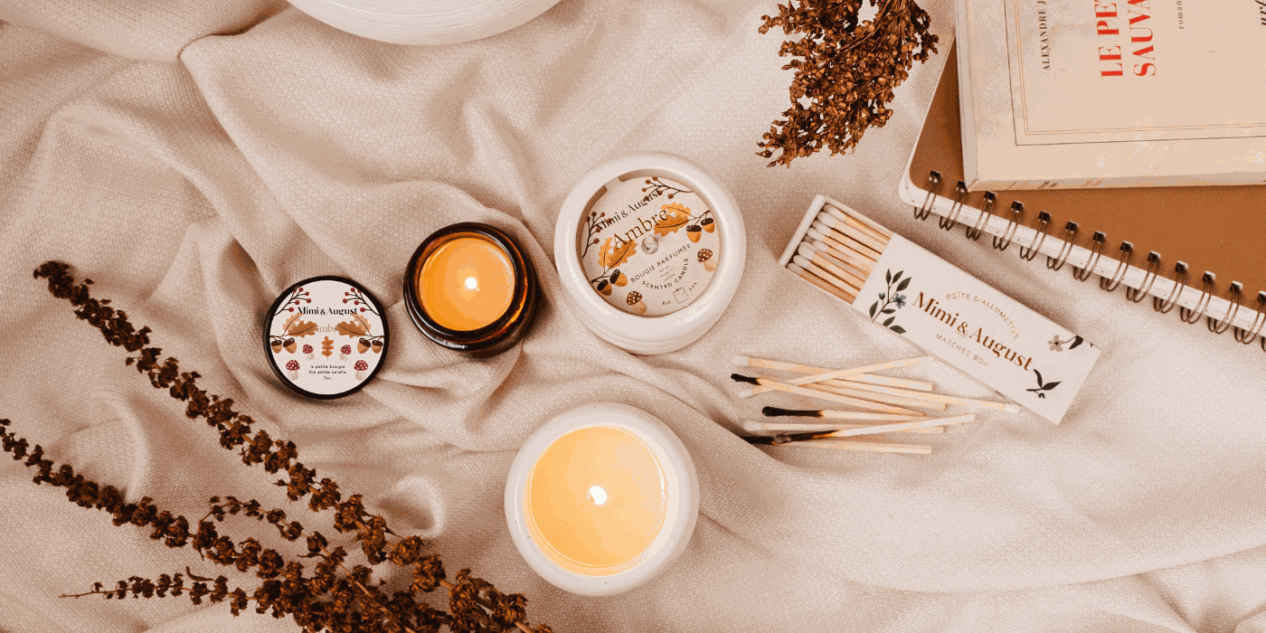 A cozy table with fall candles and matches from Mimi & August