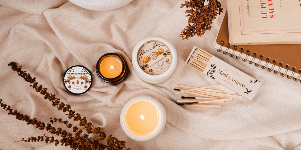 A cozy table with fall candles and matches from Mimi & August