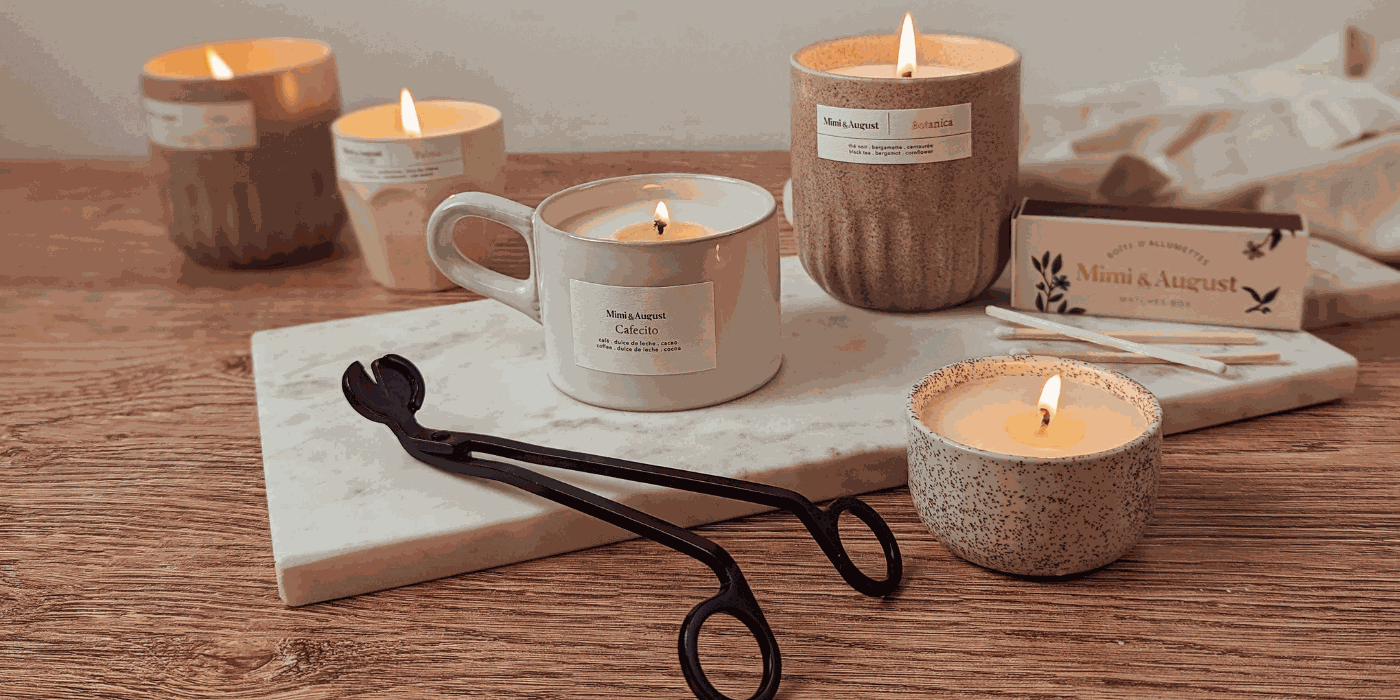 soy candle with wick trimmer for candle care