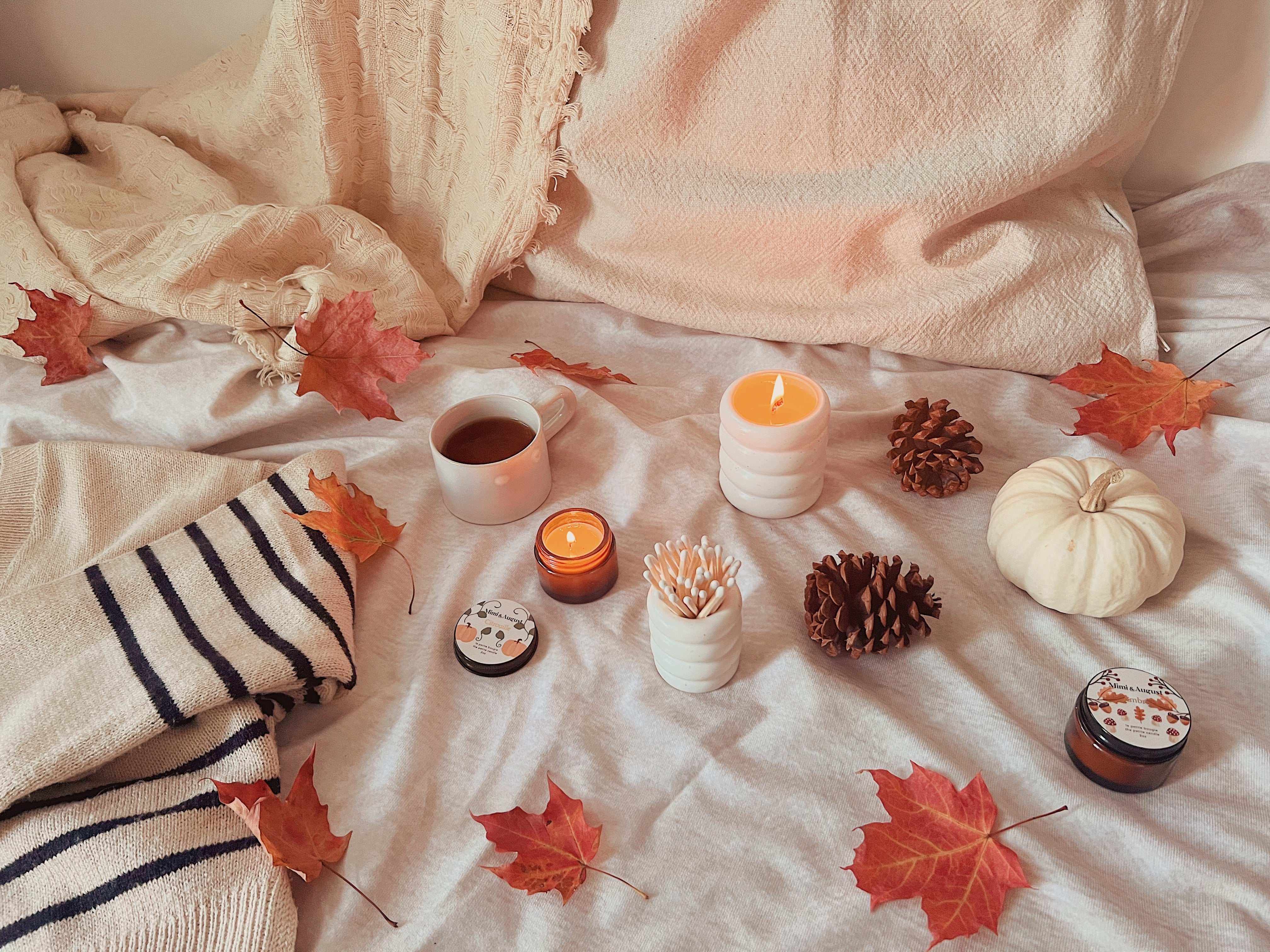 Cozy fall rituals including autumn wardrobe, leaves, candles, decor, nail polish and hot drinks