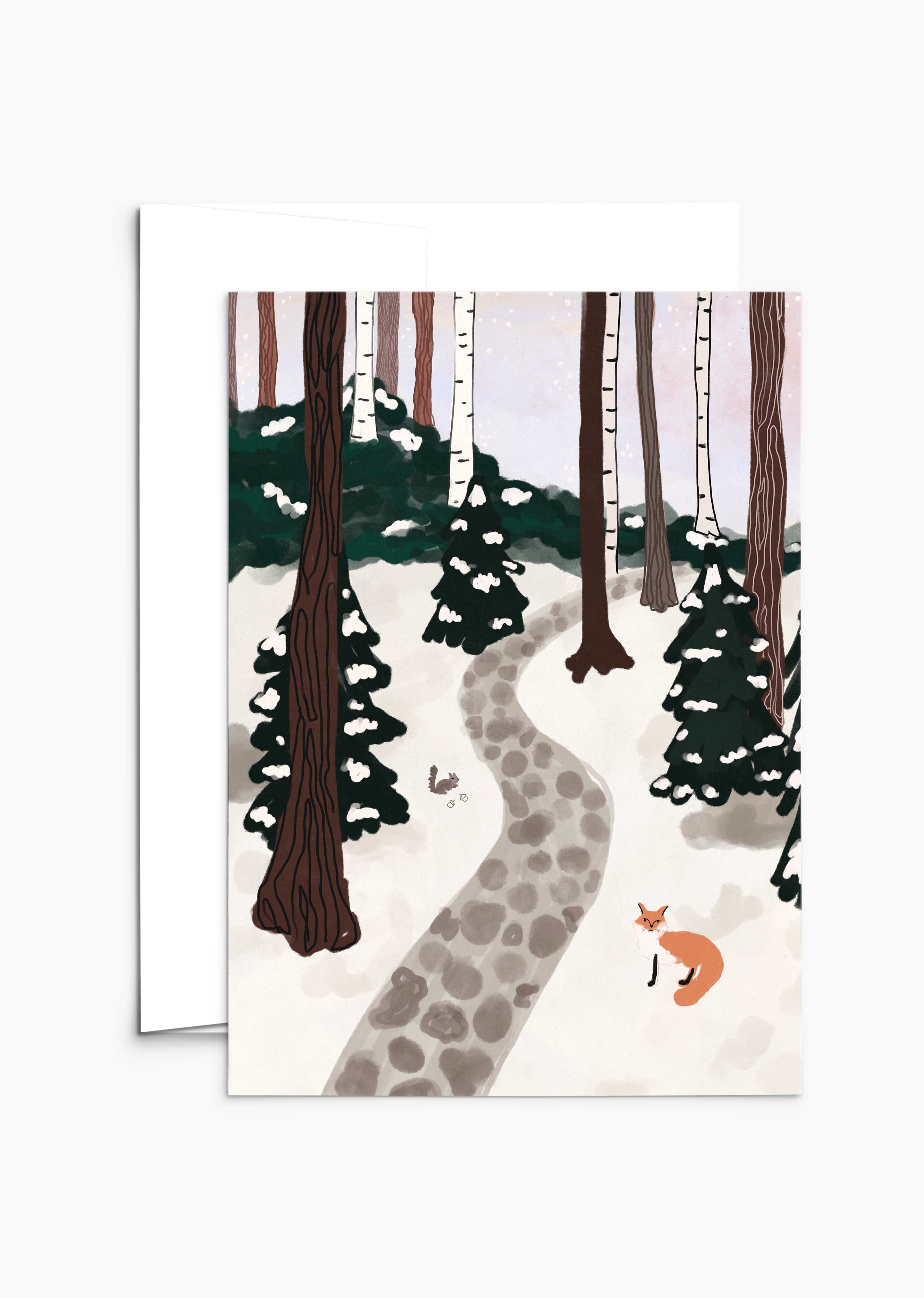 A depiction of a snowy forest with towering trees, ideal for Christmas greeting cards, featuring a stone path meandering through the landscape where a fox and rabbit frolic in the foreground. Presenting the "A Forest Full of Winter Magic - Christmas Greeting Card" by Mimi & August.