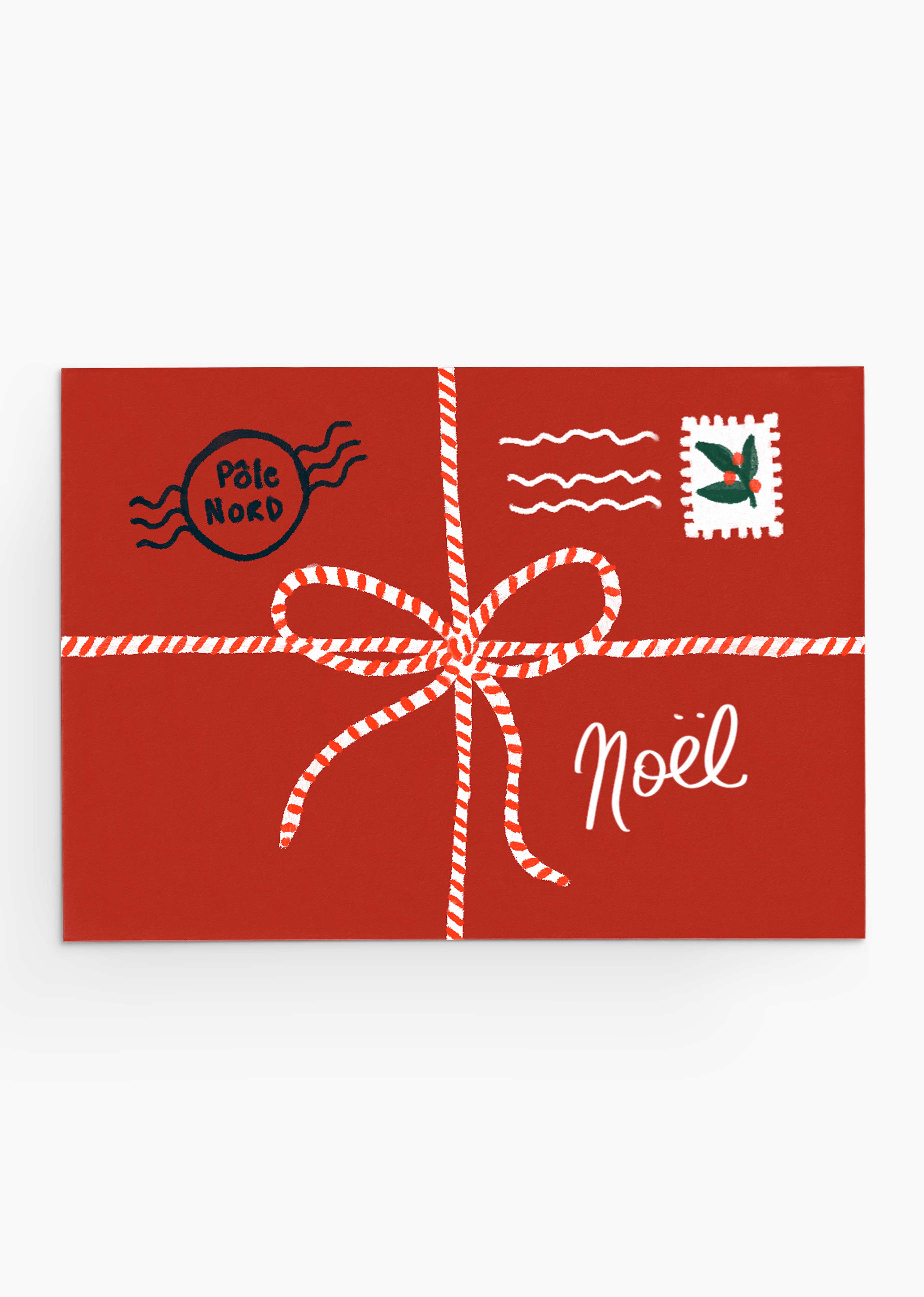 This Christmas greeting card, "A Little Note to Santa" by Mimi & August, is crafted from recycled paper. It features a red envelope with a striped ribbon design and the word "Noël" on the front, adorned with postal marks and a stamp.