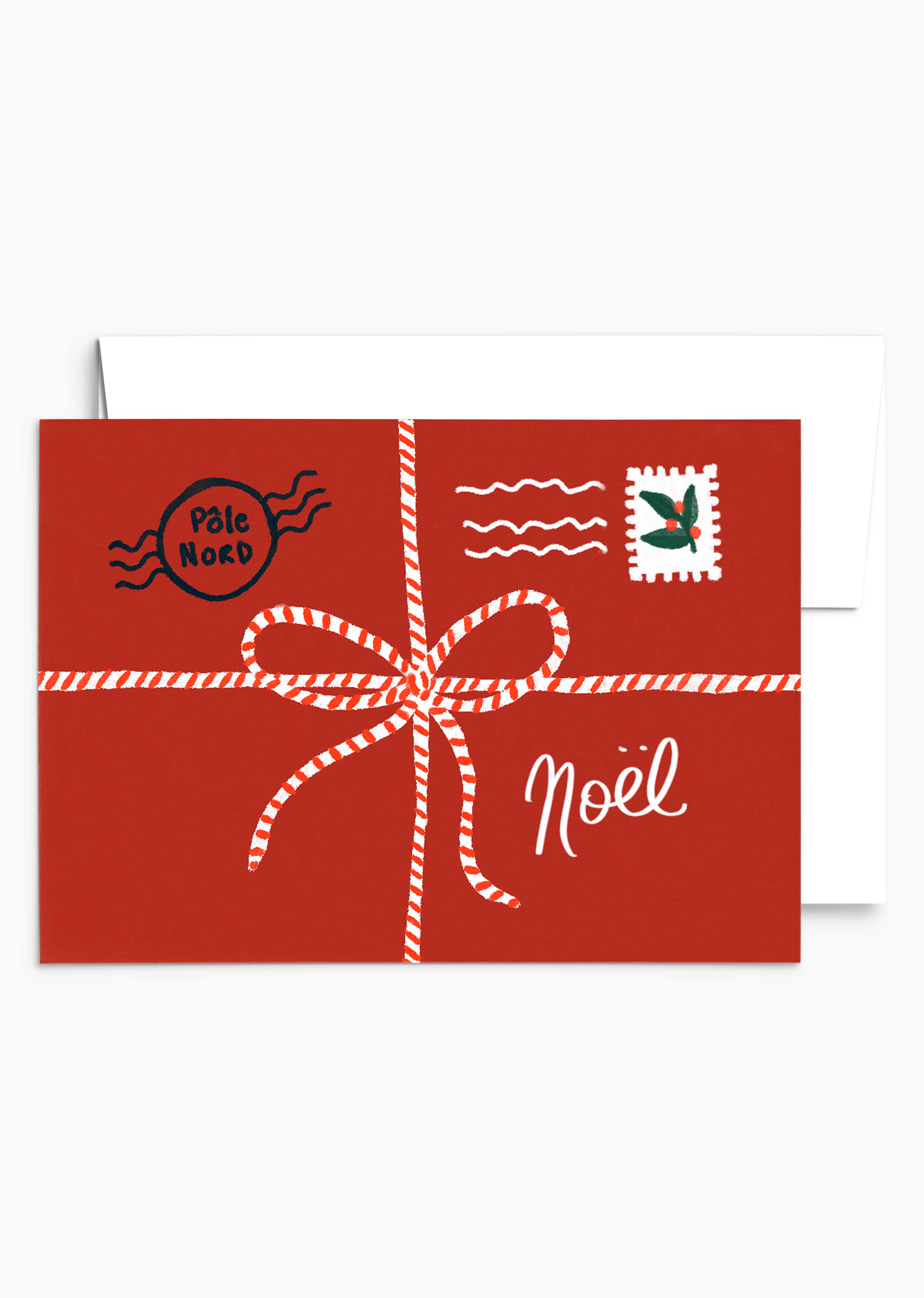 Introducing the "A Little Note to Santa" Christmas Greeting Card by Mimi & August. This delightful card, crafted from recycled paper, showcases a red design adorned with a candy cane striped bow and white text reading "Noël." It adds a festive touch with its stamp and postmark from "Pôle Nord," accompanied by an envelope.