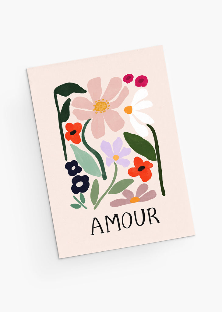 Amour greeting card by Mimi & August, made in Montreal. vibrant flowers written Amour on the card