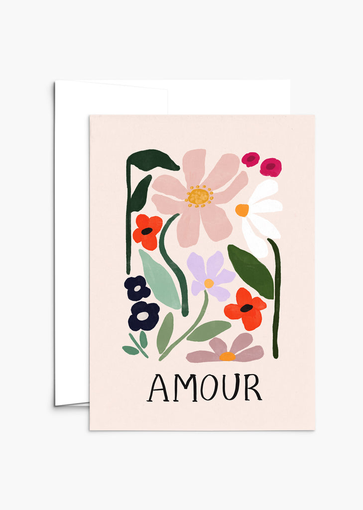 Carte de vœux Amour par Mimi & August. belles fleurs colorées sur une carte beige clair