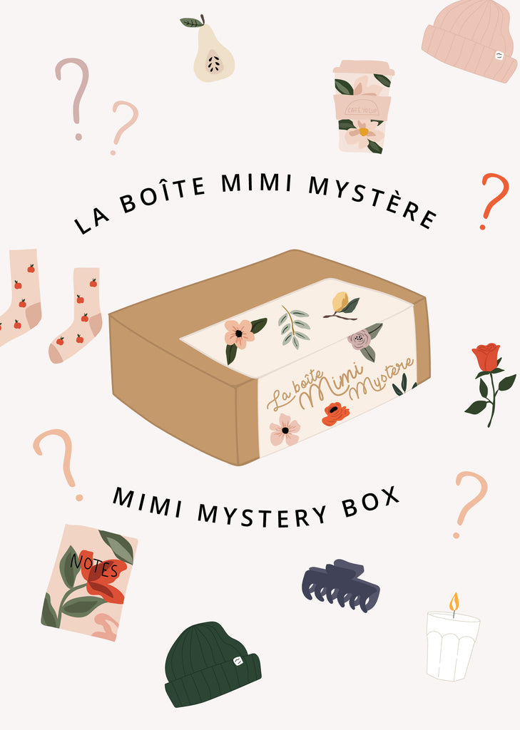 illustration of the new mystery box by mimi and august with other illustrations of mimi and august products like socks, candles and coffee cups. 