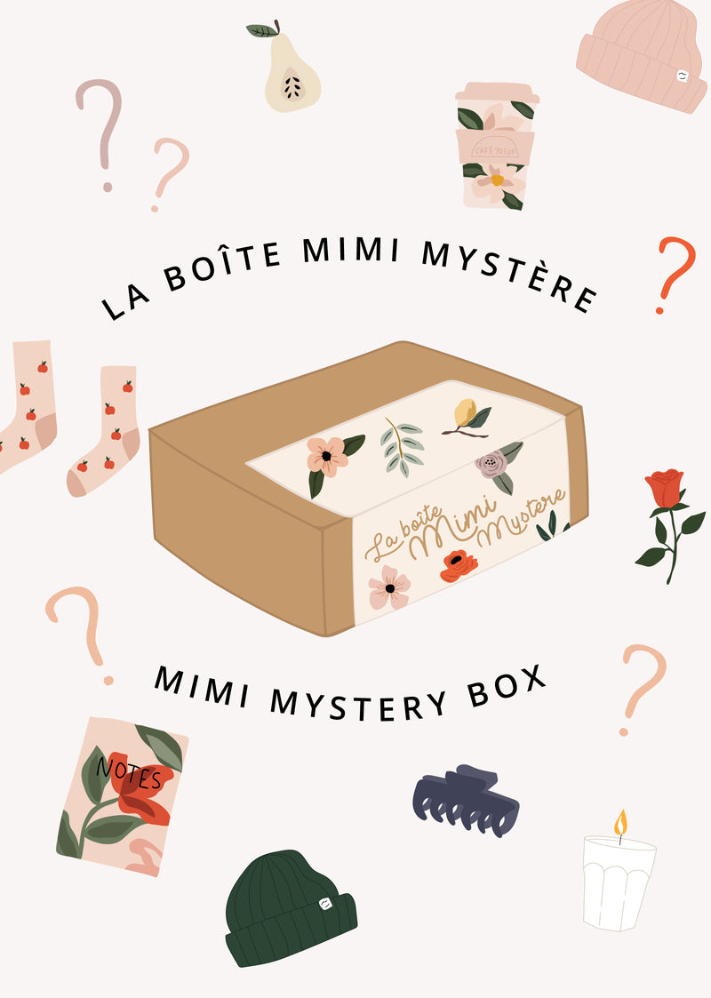 illustration de la nouvelle boîte mystère de mimi and august avec d'autres illustrations de produits mimi and august comme des chaussettes, des bougies et des tasses à café. 
 