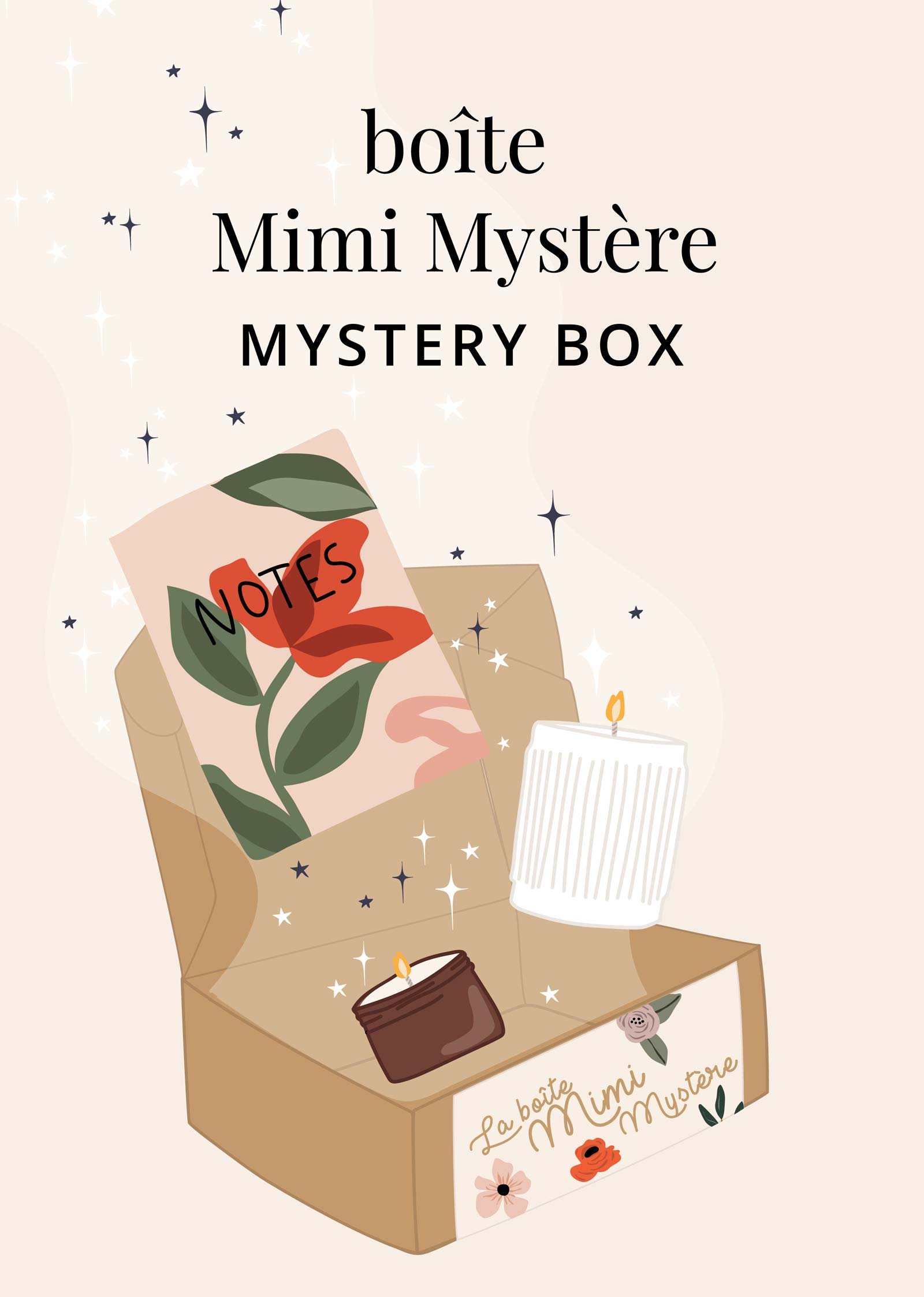 Une boîte ouverte illustrée étiquetée « Boîte Mystère Mimi » de Mimi & August contient un carnet avec une fleur rouge, une petite bougie et une bougie blanche cannelée. Le texte au-dessus indique « Mimi Mystery Box », mettant en valeur ce coffret cadeau trié sur le volet.