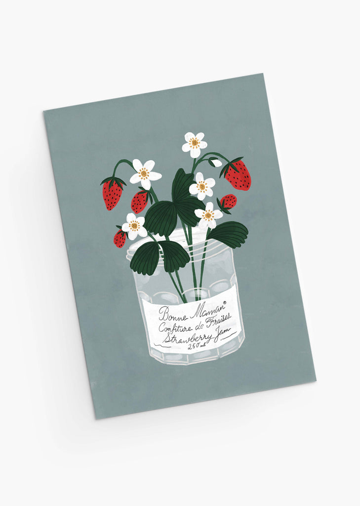 An illustration of a strawberry plant with white flowers and red strawberries growing out of a glass jar labeled "Mimi & August Mother's Day Card" on a grey background.