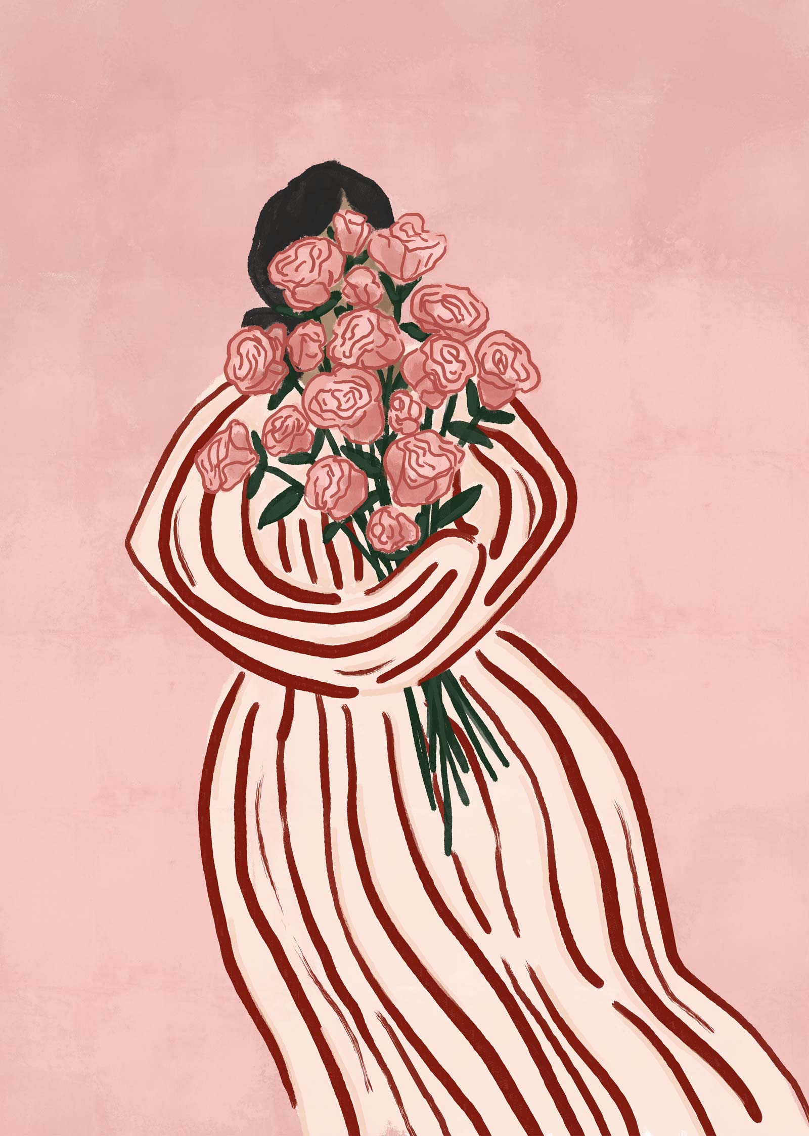 The "Bouquet of Flowers Art Print" by Mimi & August showcases a hand-illustrated person in a striped outfit holding pink roses against a muted pink background.