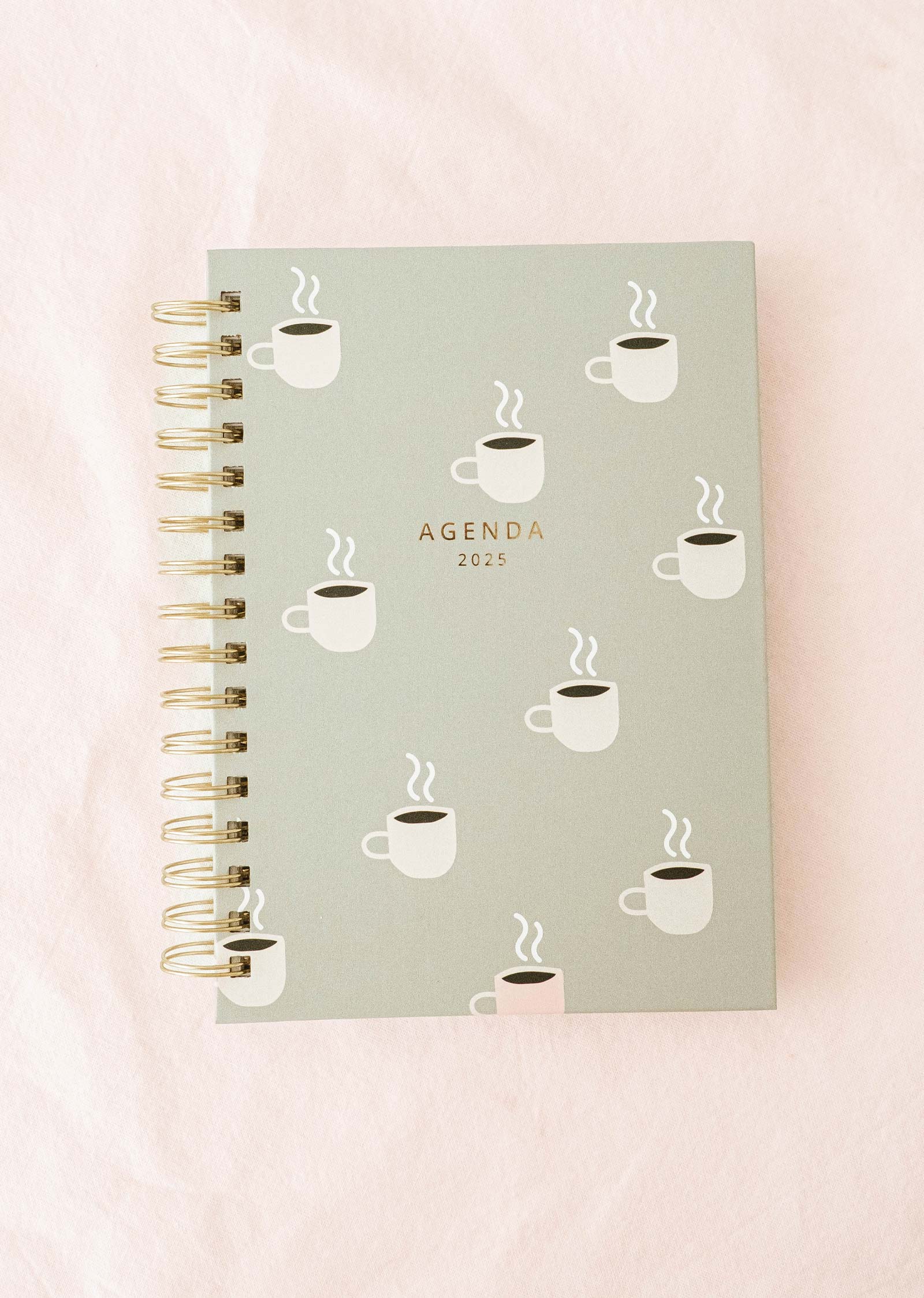 L'Agenda Cafecito 2025 de Mimi & August, idéal pour les amateurs de café, présente une reliure spirale et une ravissante illustration de tasse à café sur une couverture vert clair, joliment contrastée avec un fond rose clair.