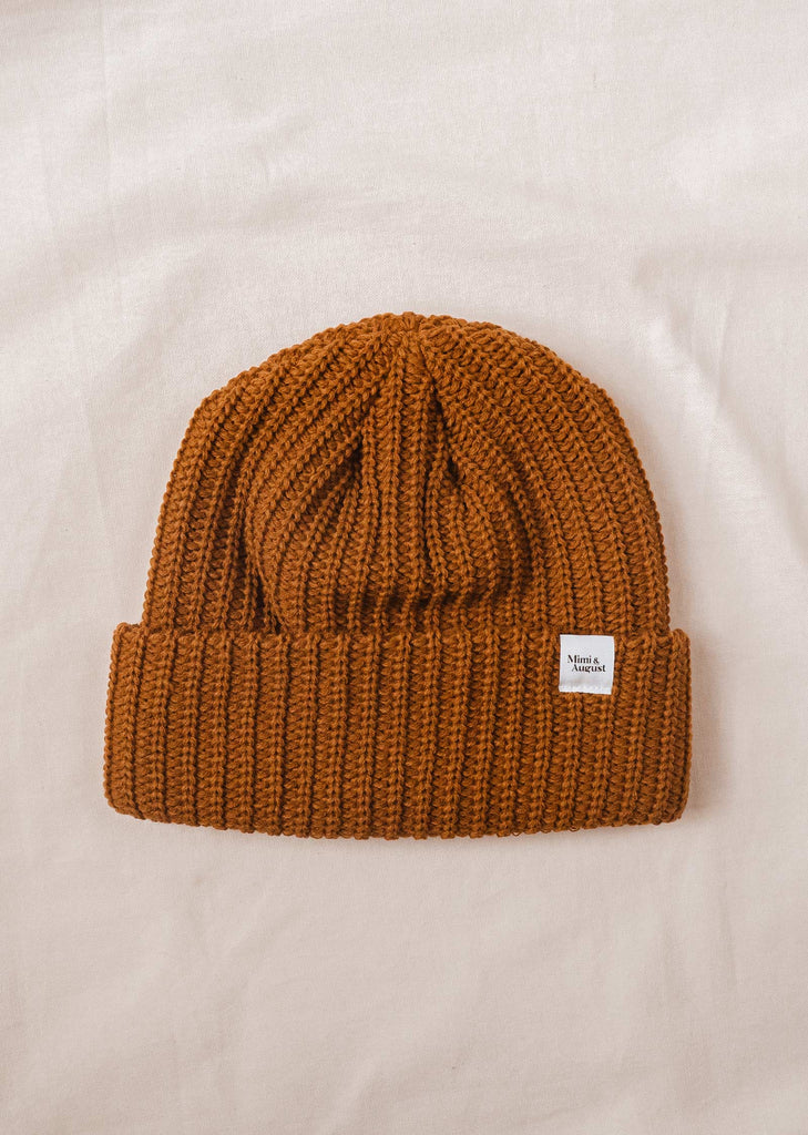 Close-up of a rich Chestnut Chunky Beanie showcasing its detailed knit texture.