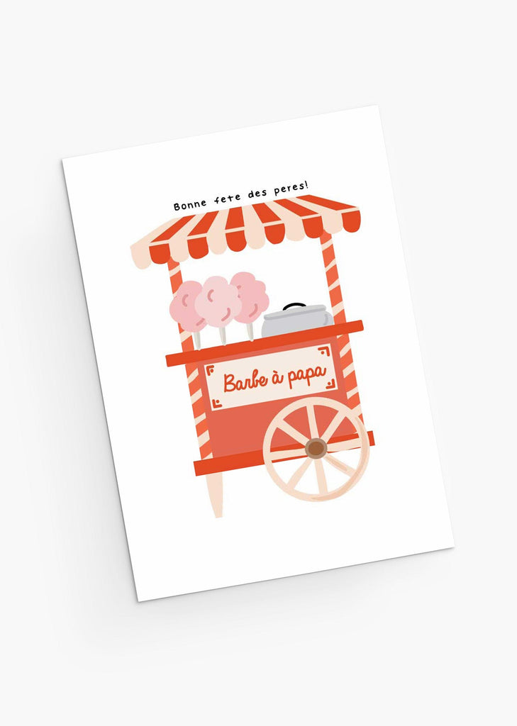 Une carte de vœux pour la fête des pères représentant un chariot rouge et blanc surmonté d'une barbe à papa.
