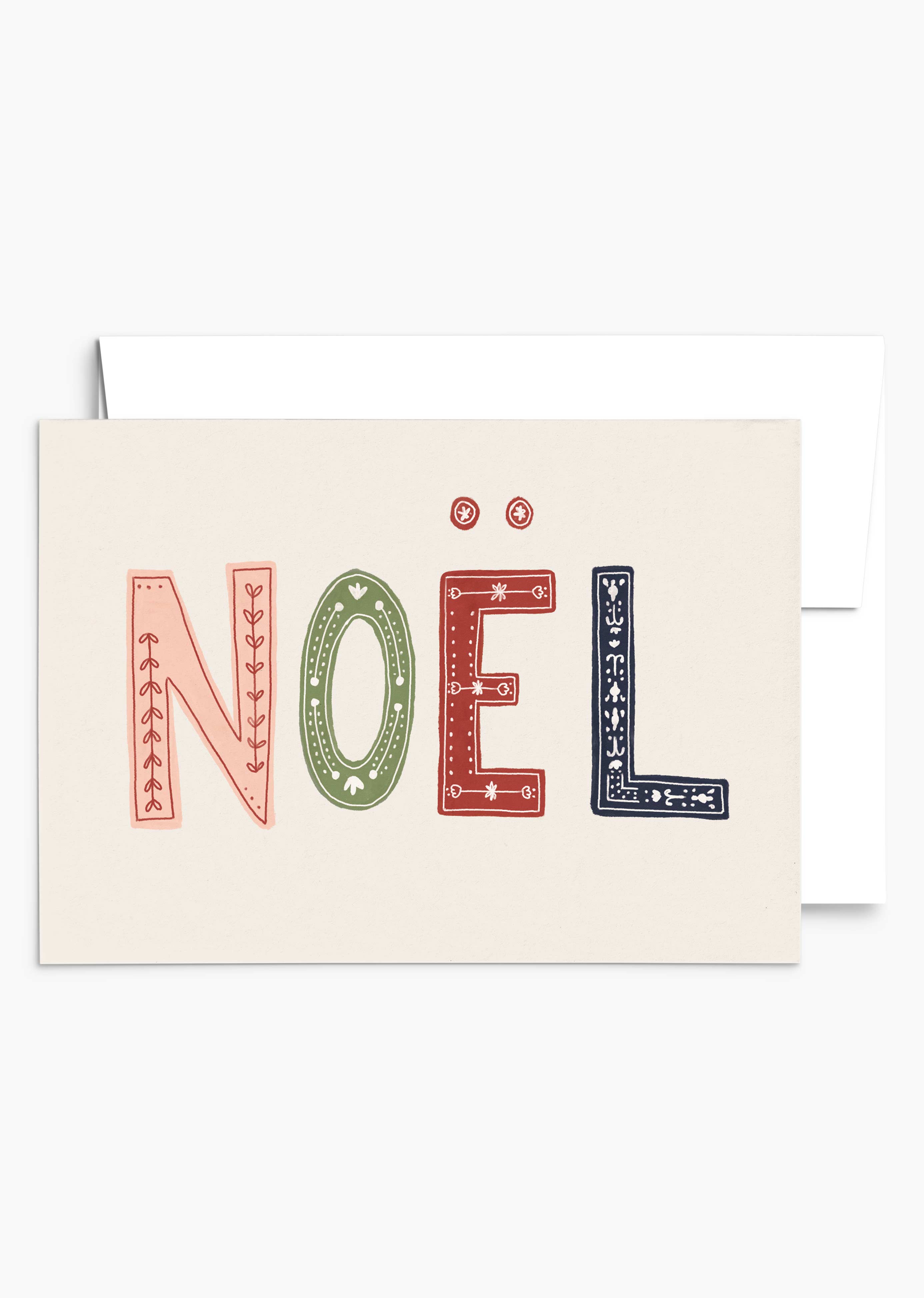 Une carte de vœux de Noël enchantée de Mimi & August, avec "NOËL" en lettres décoratives et réalisée sur du papier recyclé.