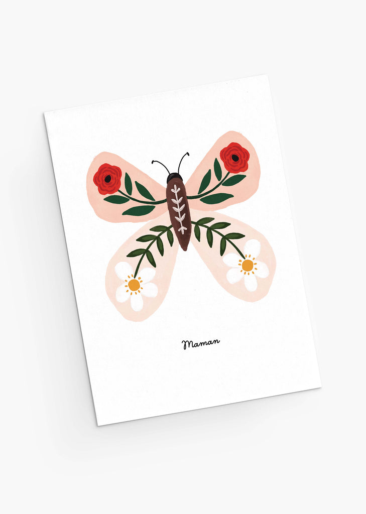 Carte de fête des mères Papillon floral de Mimi & August, présentant une illustration graphique d'un papillon stylisé avec des motifs floraux sur un fond blanc, accompagnée du mot "maman" en bas.