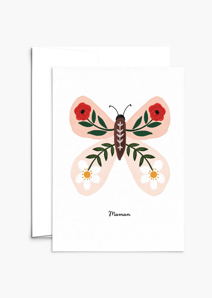 Une carte de fête des mères Mimi & August avec une illustration stylisée d'un papillon avec des éléments floraux et le mot "maman" en bas.