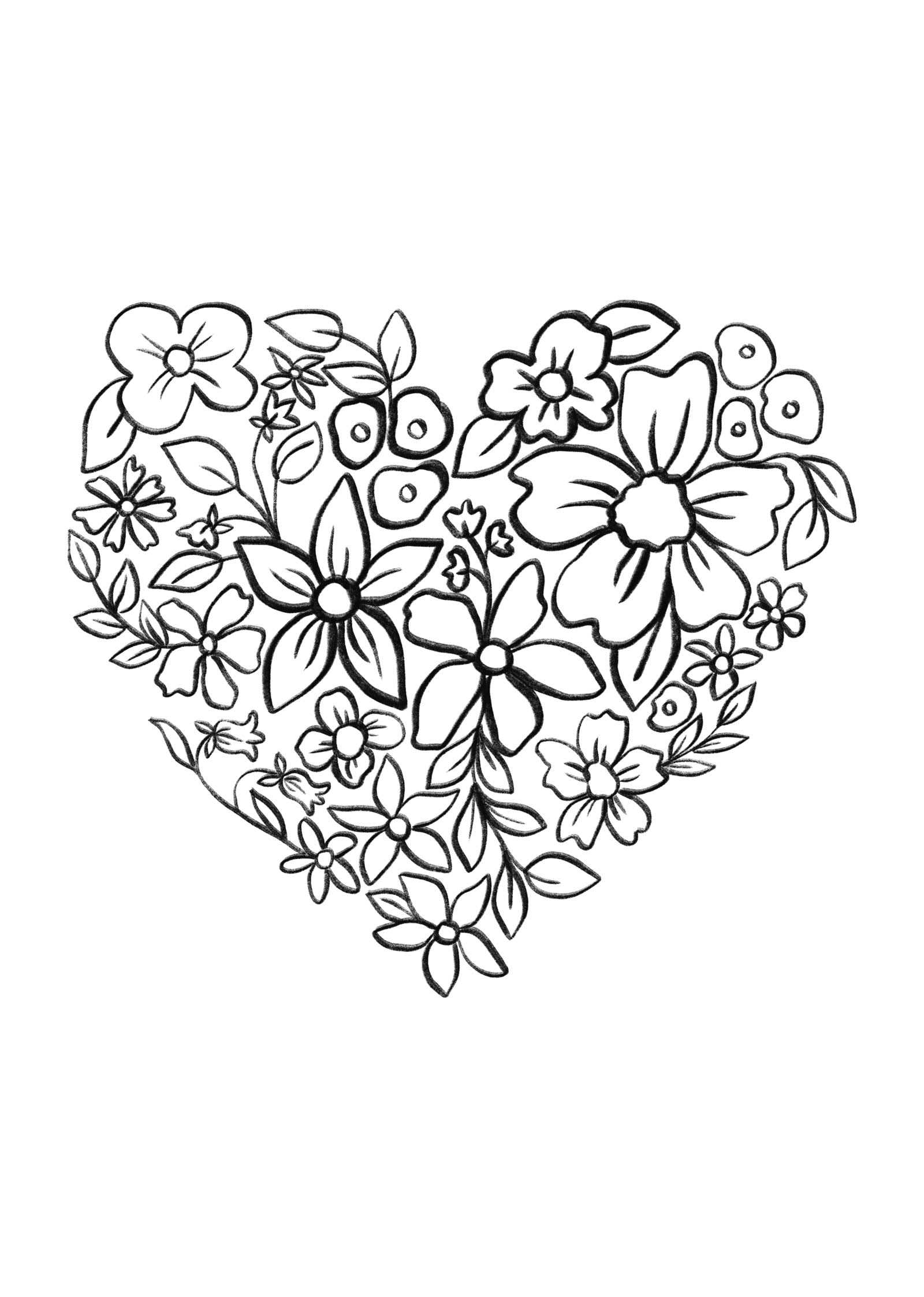 The Mimi & August Floral Heart Coloring Sheet features a heart shape made of outlined flowers and leaves on a white background, ideal as a printable coloring page.