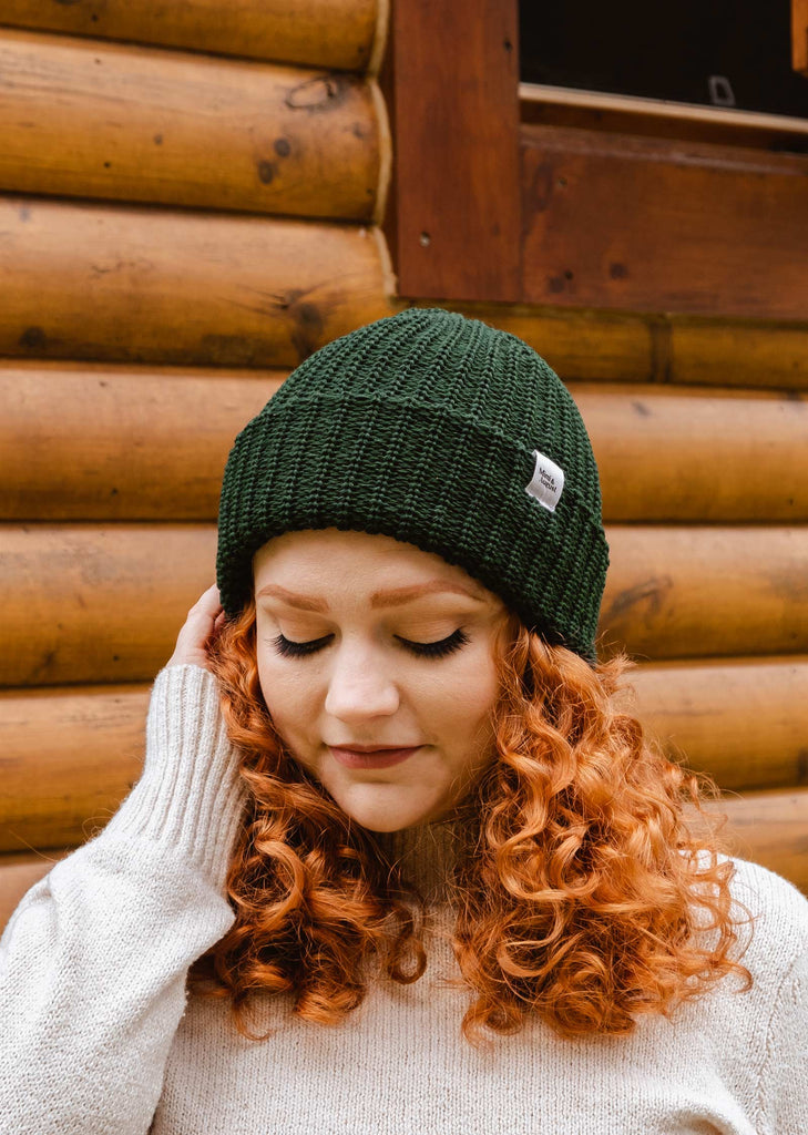 Overhead shot of the Forest Green Chunky Beanie by mimi and august.