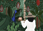 Une femme en blanc avec un chapeau tient une tasse fumante dans un jardin luxuriant avec de grands arbres et des fleurs rouges, avec un oiseau bleu à proximité. L'œuvre "Her Moment - Illustration Digital" de Mimi & August capture cette scène sereine.