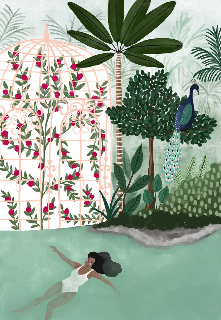 An illustration of a woman swimming in a pool with a Peacock by mimi and august