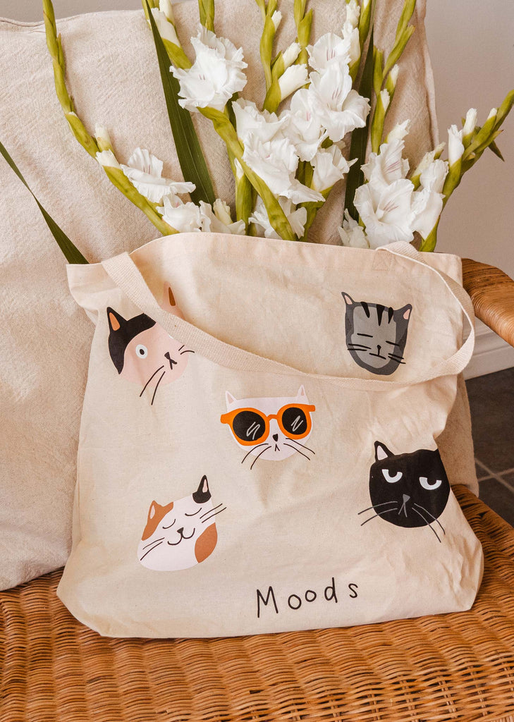 Grocery bag with illustrations of cats with flowers by mimi and august