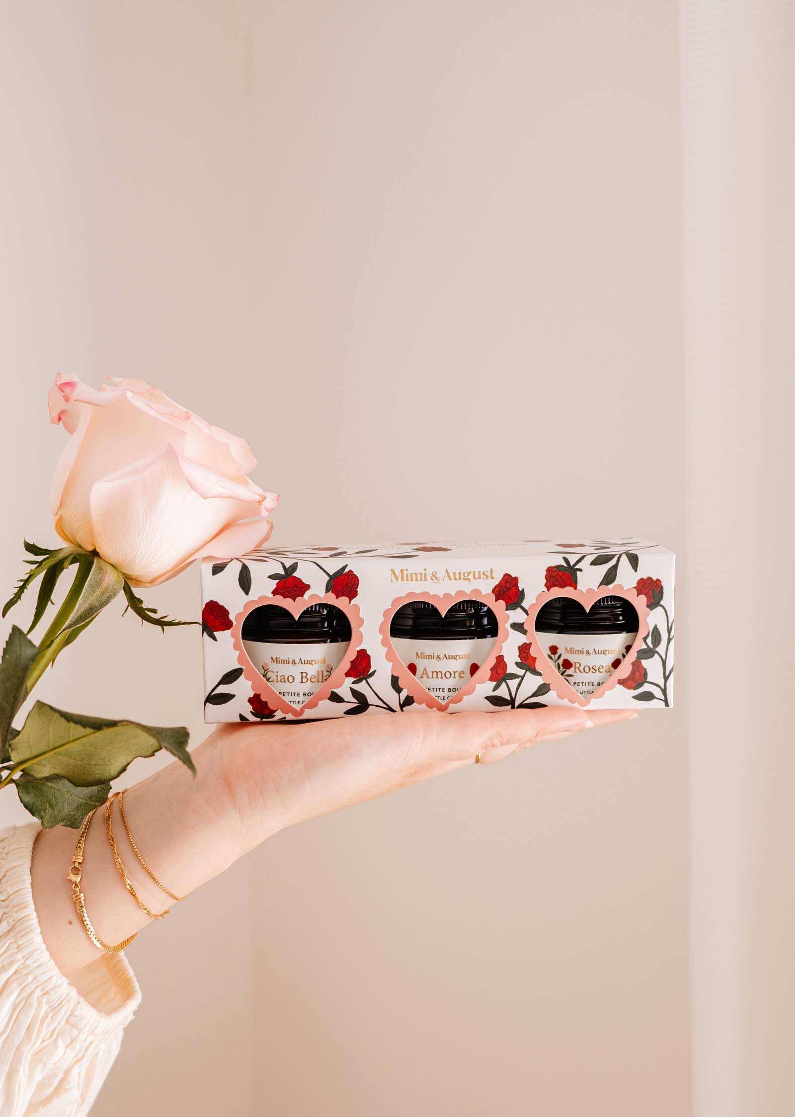 La Romance Box Set featuring three hand-poured soy wax candles with romantic and uplifting scents